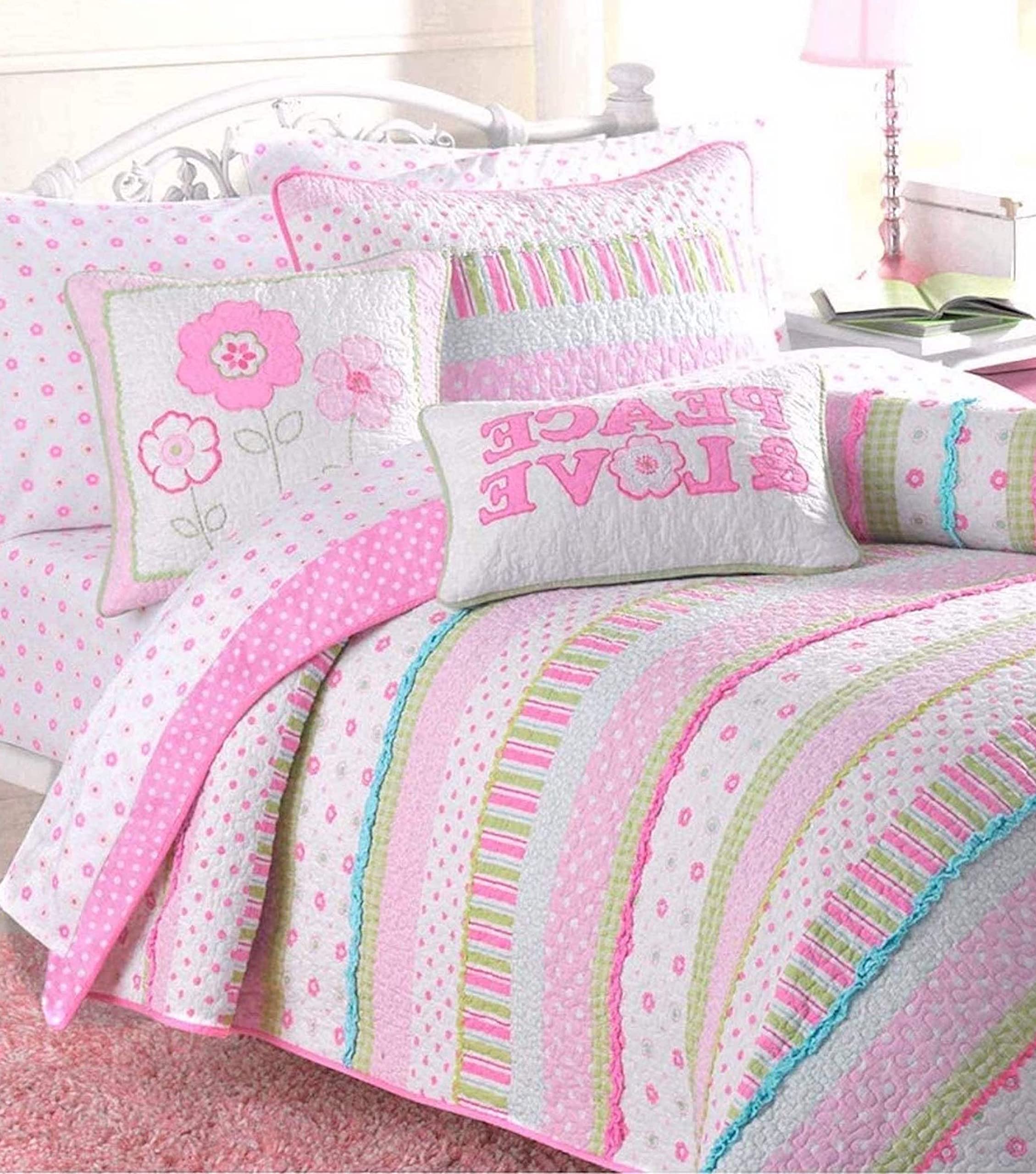 Cozy Line Home Fashions Pink Ruffle Flowers Polka Dot Girl 100% Cotton Reversible Quilt Bedding Set, Coverlet, Bedspread for All