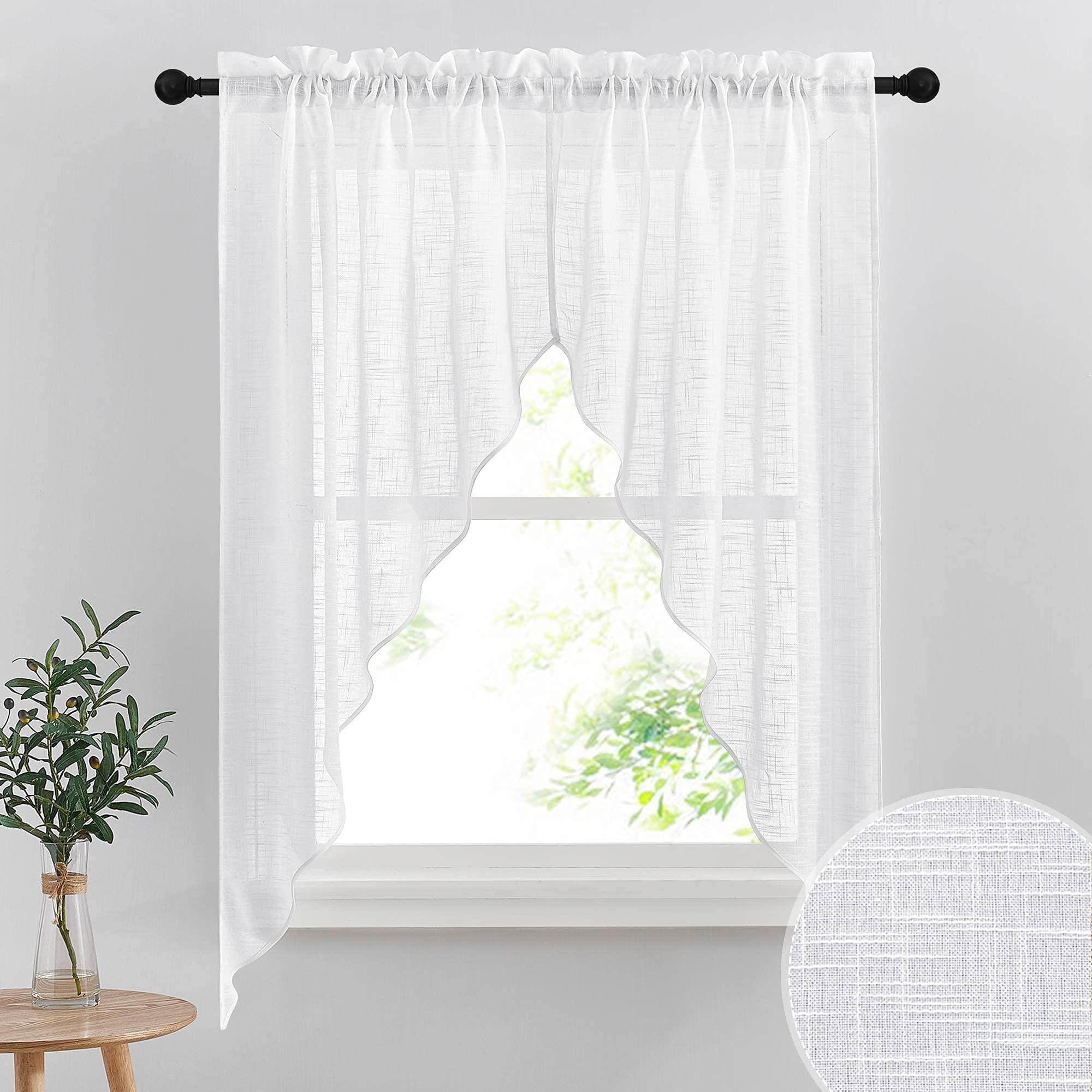 RYB HOME Semi Sheer Curtain Valance Window Topper, Textured Linen Sheer Kitchen Curtain Tier Swag Set, Privacy Half Window Valan