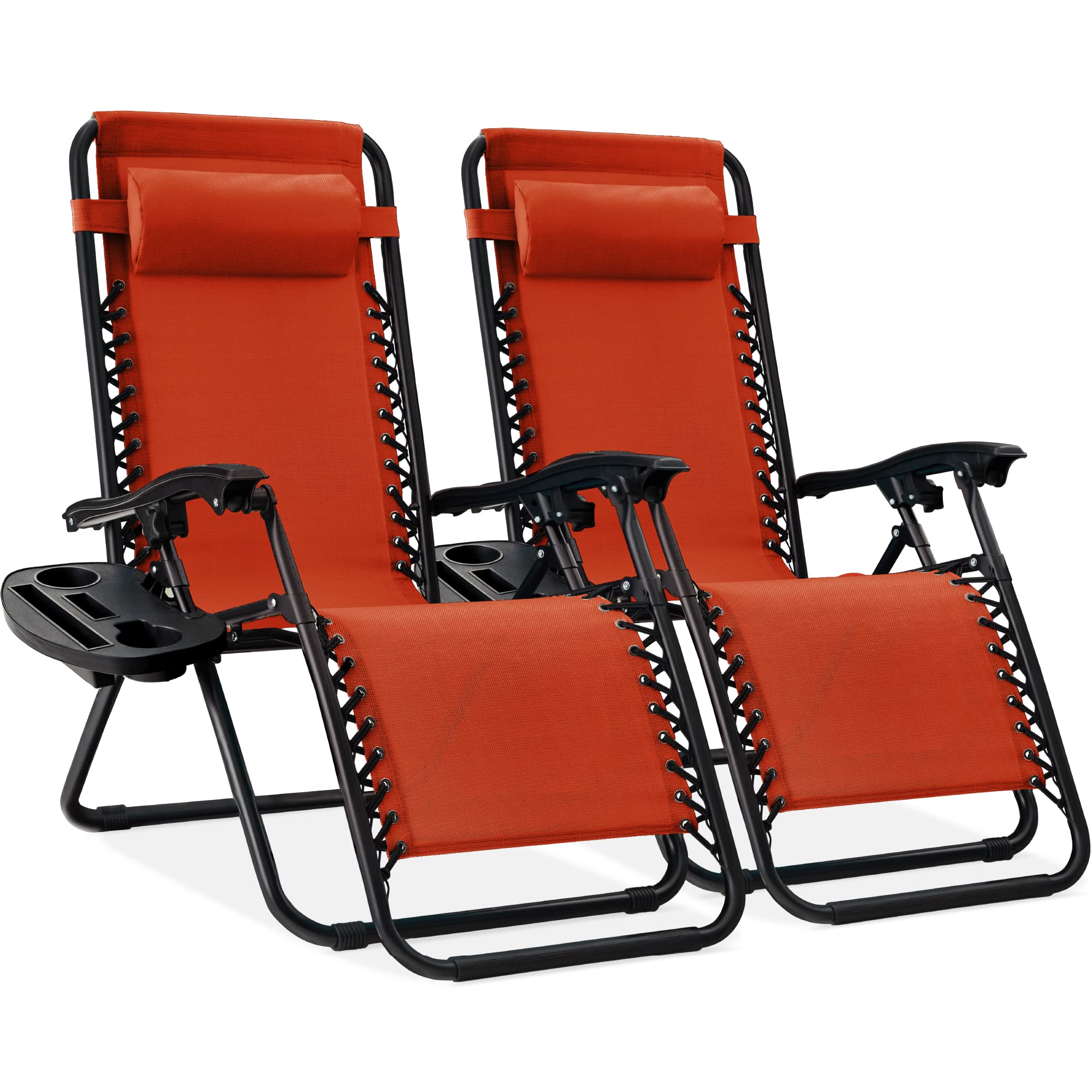 Best Choice Products Set of 2 Adjustable Steel Mesh Zero Gravity Lounge Chair Recliners w/Pillows and Cup Holder Trays - Burnt O
