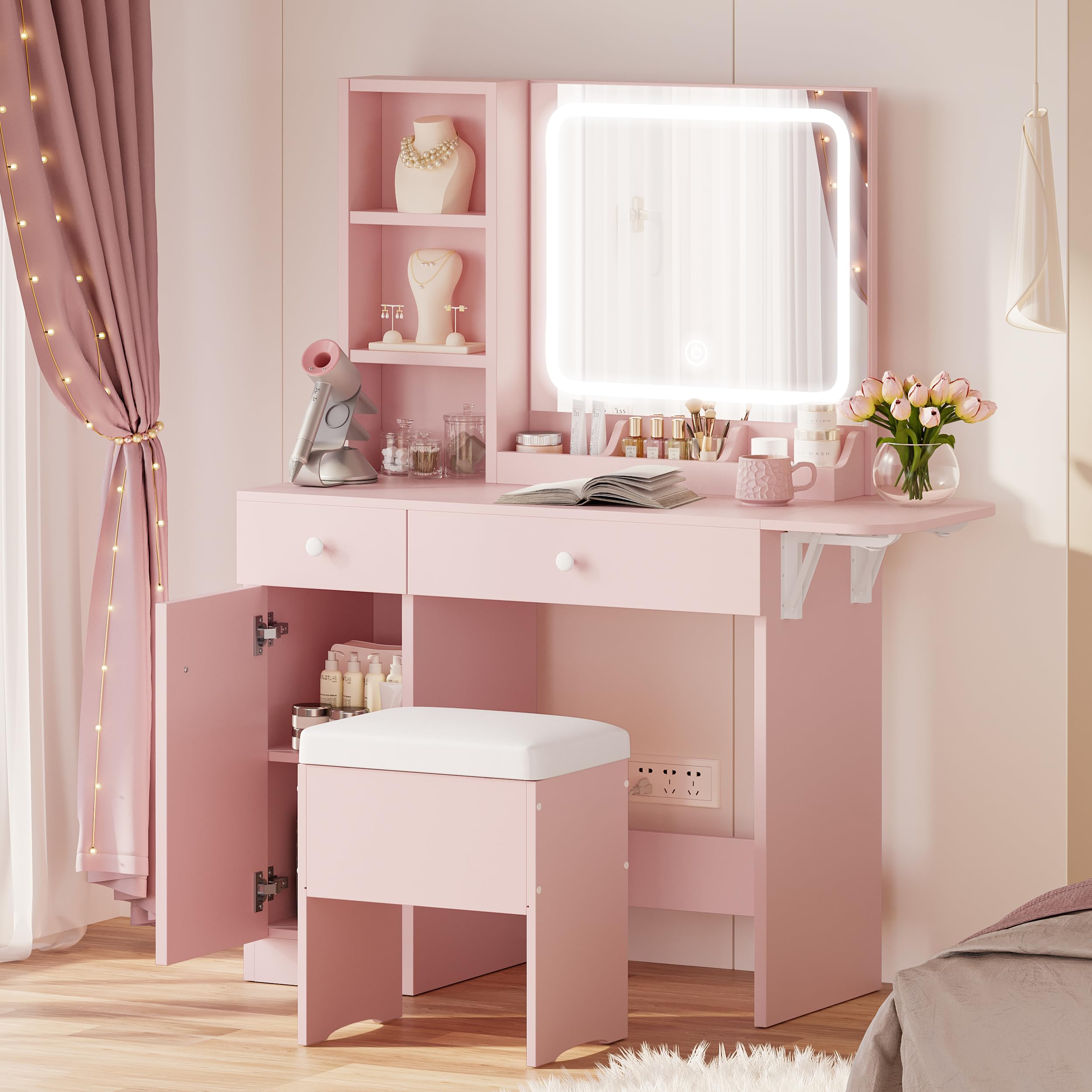 IRONCK Vanity Desk with LED Lighted Mirror & Power Outlet, Makeup Table with Drawers & Cabinet,Storage Stool,for Bedroom, Black