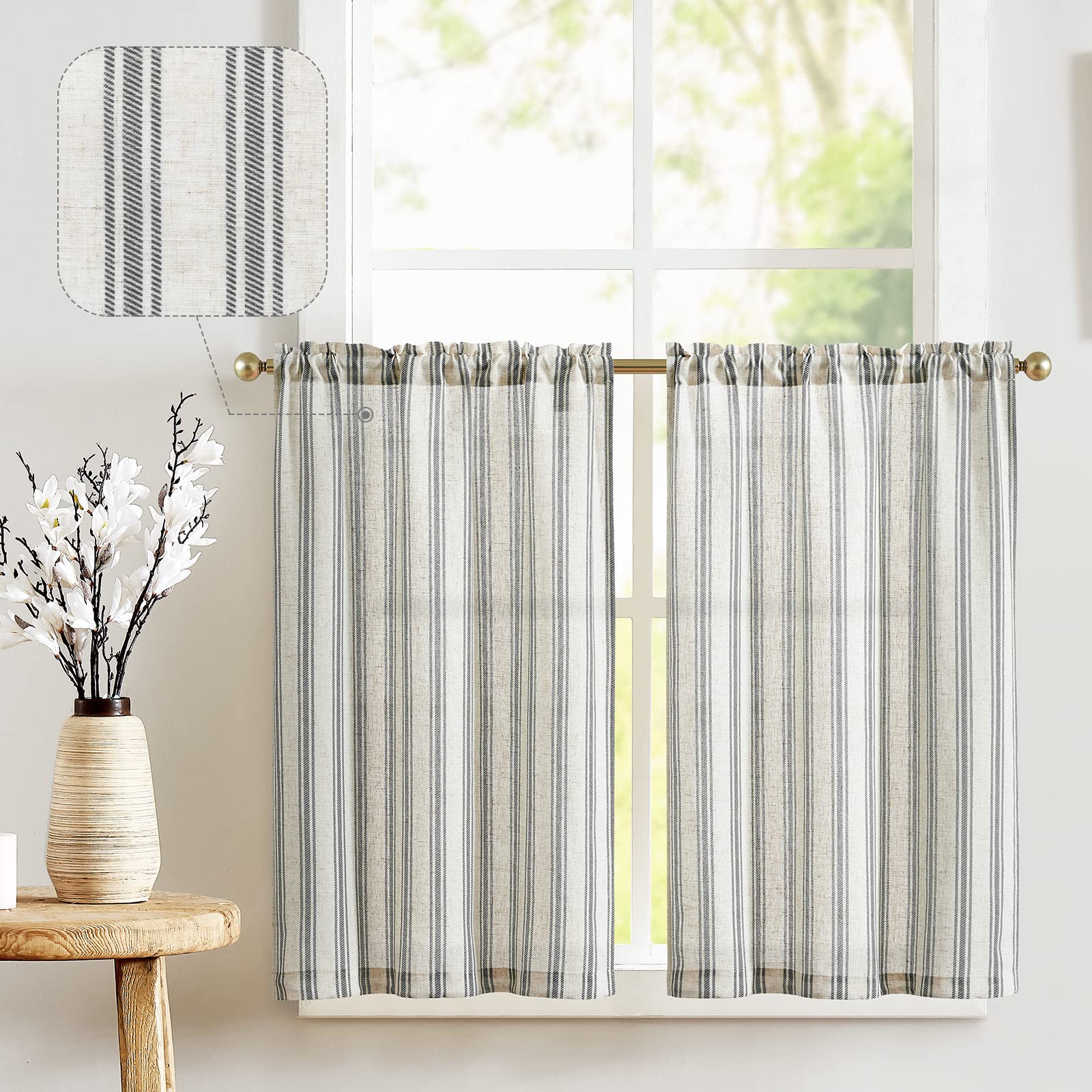 jinchan Linen Kitchen Curtains Striped Tier Curtains 24 Inch Cafe Curtains Farmhouse Stripe Half Window Curtains Light Filtering