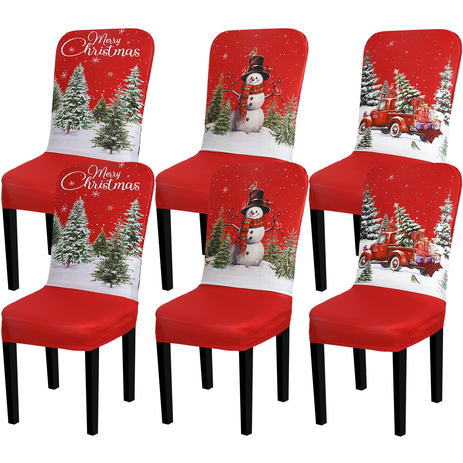 Preboun 6 Pcs Christmas Chair Covers Set Removable Washable Stretch Dining Room Chair Slipcovers Snowman Xmas Tree Truck Parson 