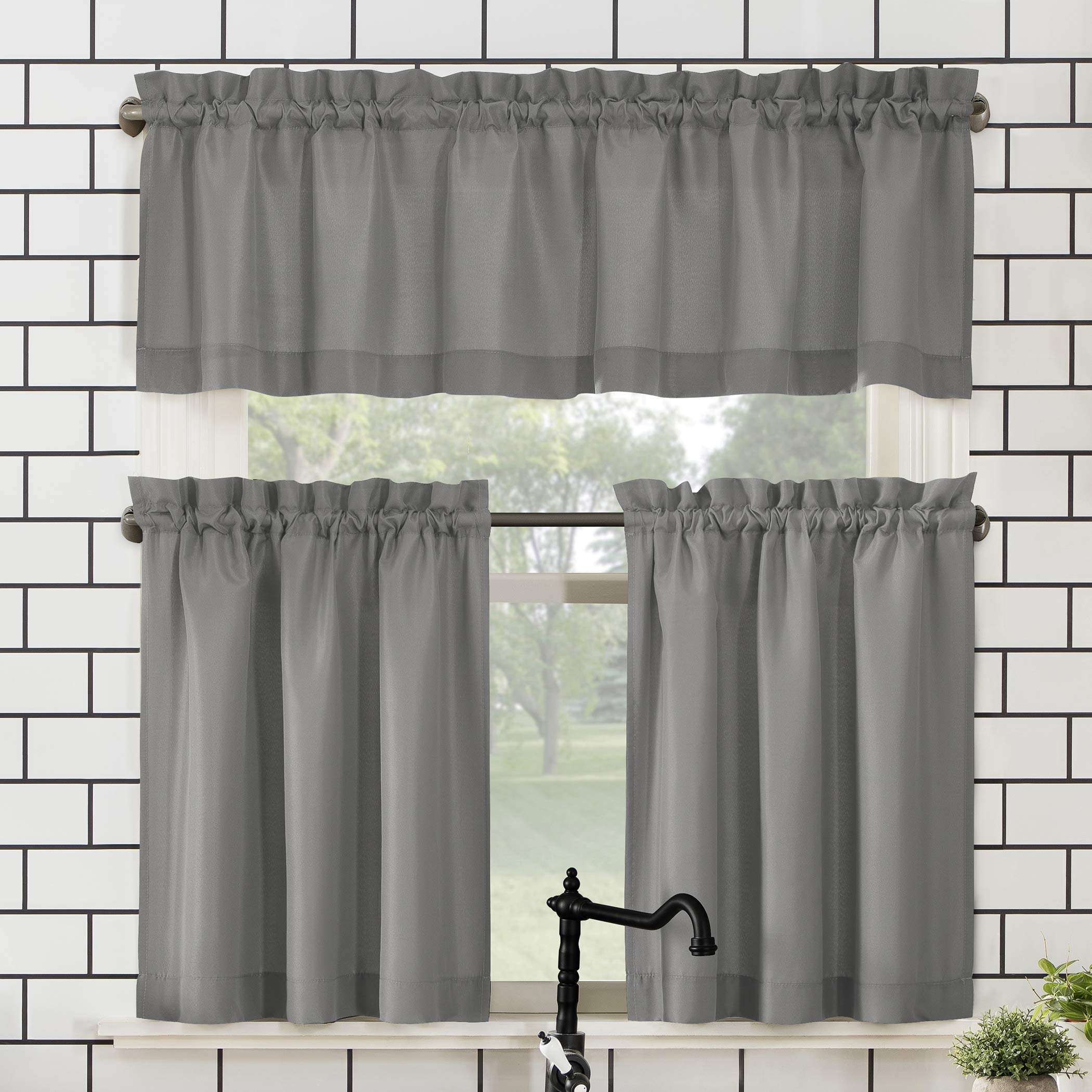 No. 918 Martine Microfiber Semi-Sheer Rod Pocket Kitchen Curtain Valance and Tiers Set, 54 x 45, Gray