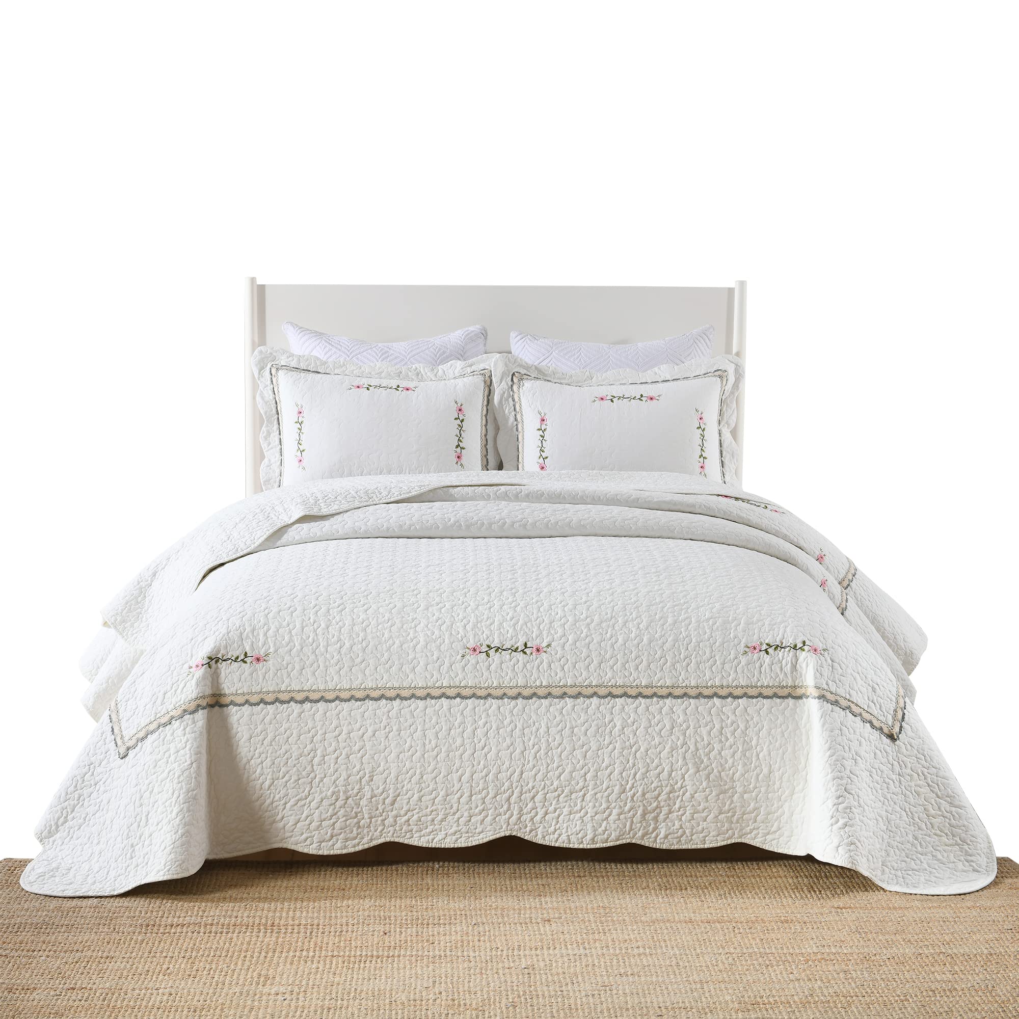 MarCielo 3-Piece 100% Cotton Oversized Bedspread Set Coverlet Set Lightweight Quilt Set Embroidery Farmhouse Bedding Set (Sakura