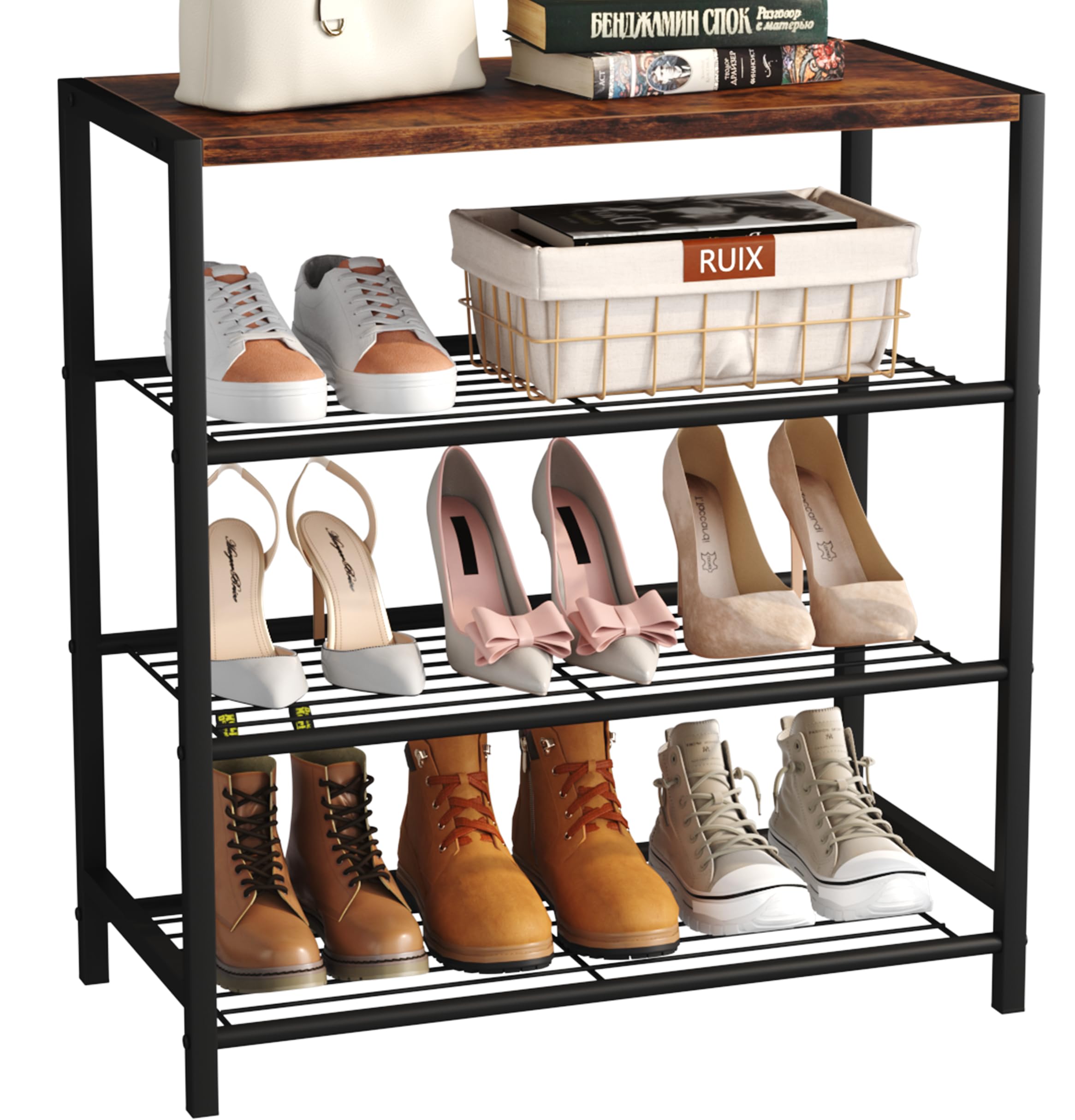 Yusong Shoe Rack Organizer, 4 Tier Industrial Shoe Storage Shelf, Narrow Sturdy Metal Shoe Shelves for Closet Entryway, Rustic B