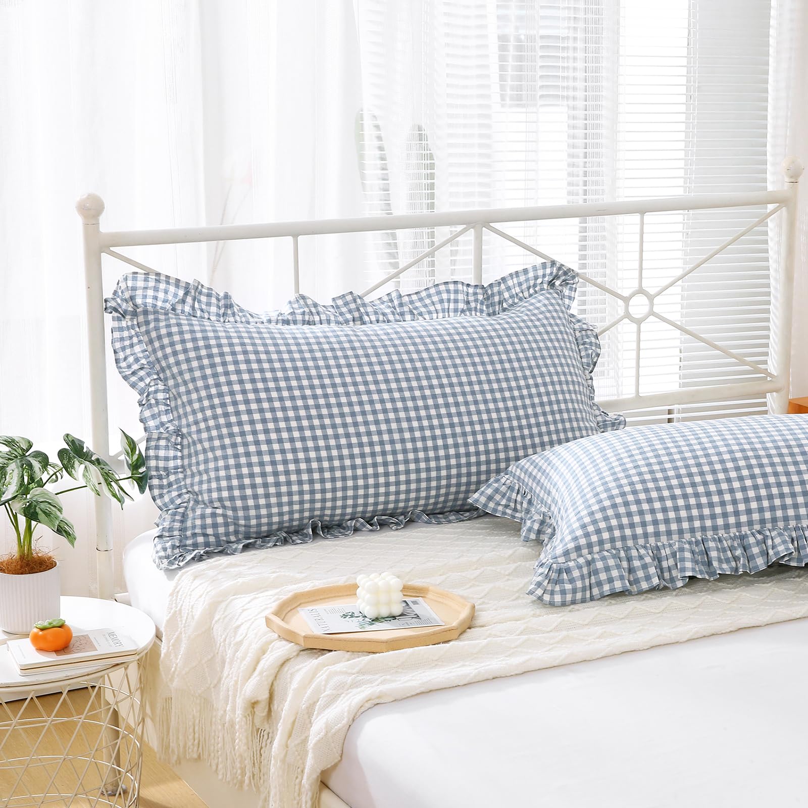 K MASANIJI 2 Pack Dusty Blue Plaid Ruffle King Size Pillow Shams 20x36 inches, 100% Cotton Gingham Checkered Farmhouse Pillow Co