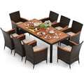 Tangkula 9 Piece Outdoor Dining Set, Patio Wicker Furniture Set with Acacia Wood Table Top w/Umbrella Hole, Rattan Dining Table 