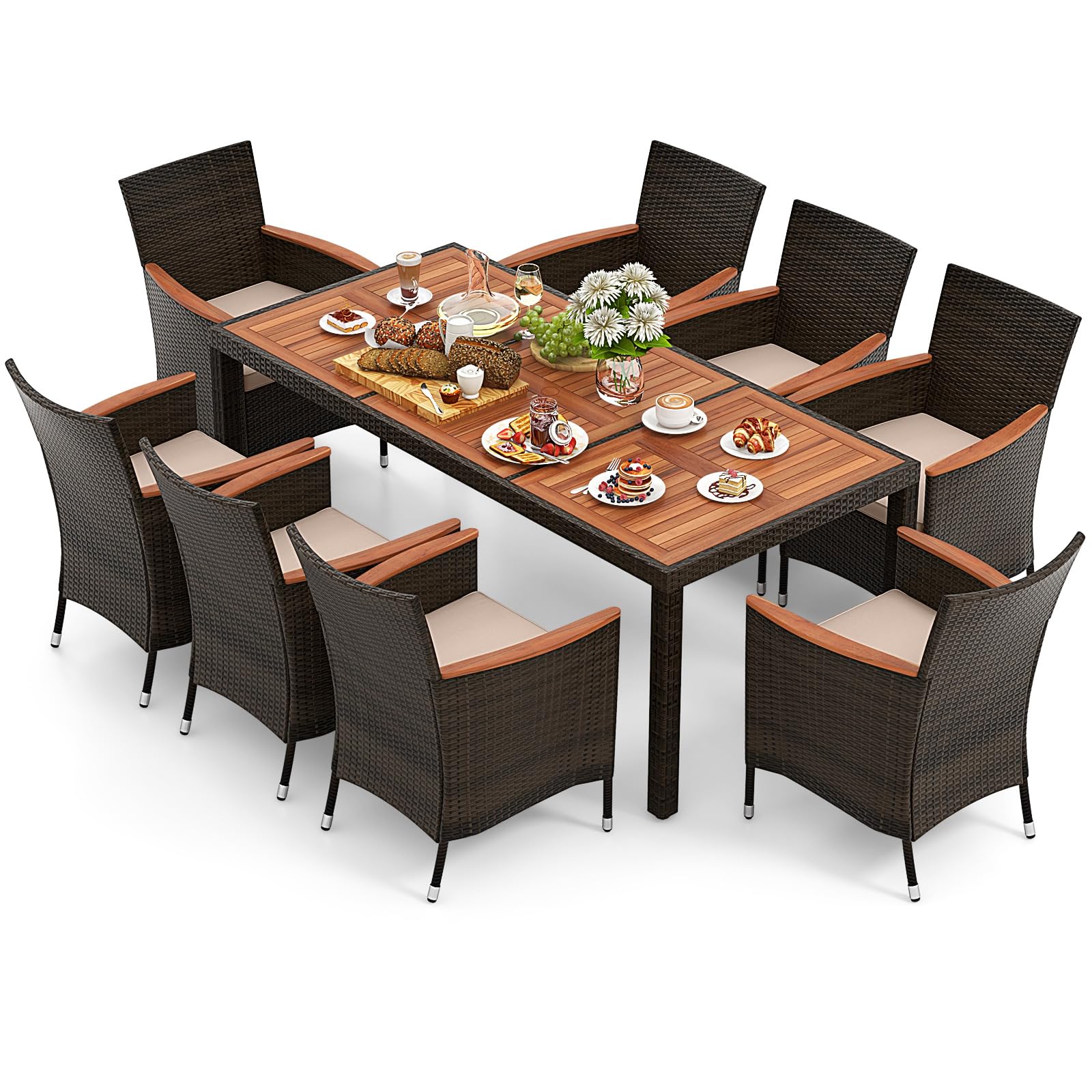 Tangkula 9 Piece Outdoor Dining Set, Patio Wicker Furniture Set with Acacia Wood Table Top w/Umbrella Hole, Rattan Dining Table 