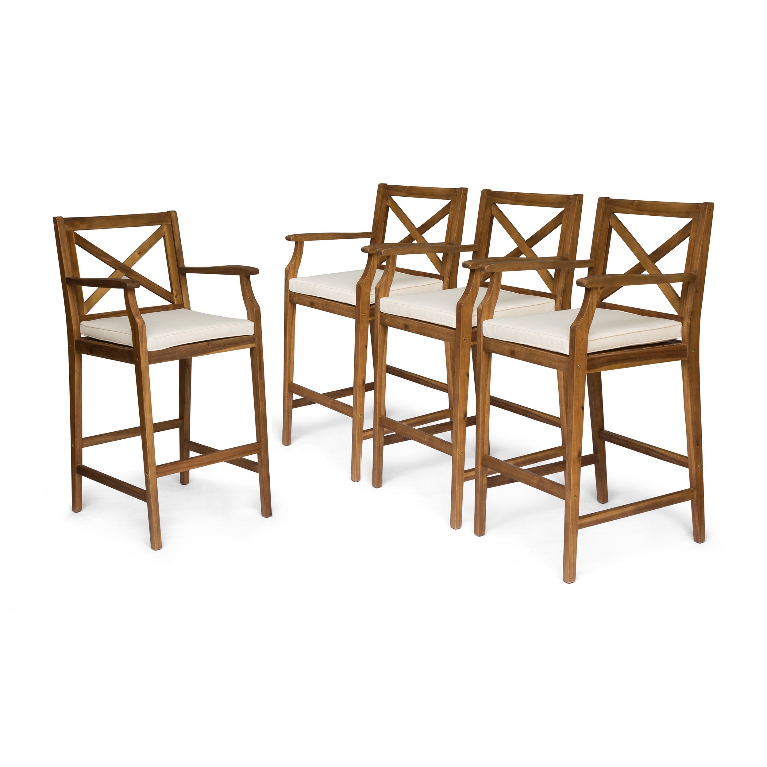 Christopher Knight Home Short Outdoor Acacia Wood Barstools, Teak Finish and Cream (Set of 4)