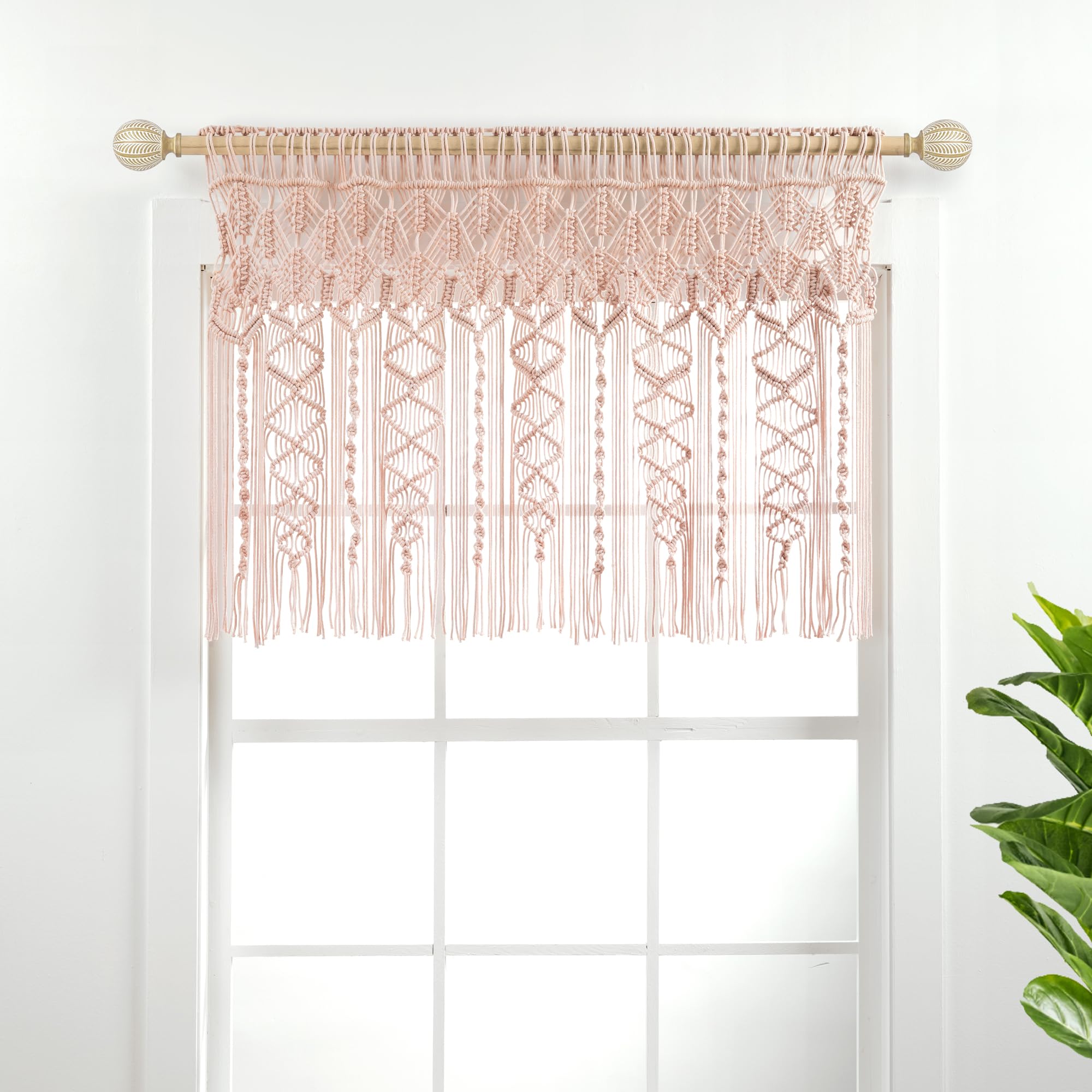 Lush Decor Boho Macrame Textured Cotton Valance, 40 W x 30 L, Blush - Boho Kitchen Curtains & Wall Decor - Macrame Valance - Bat