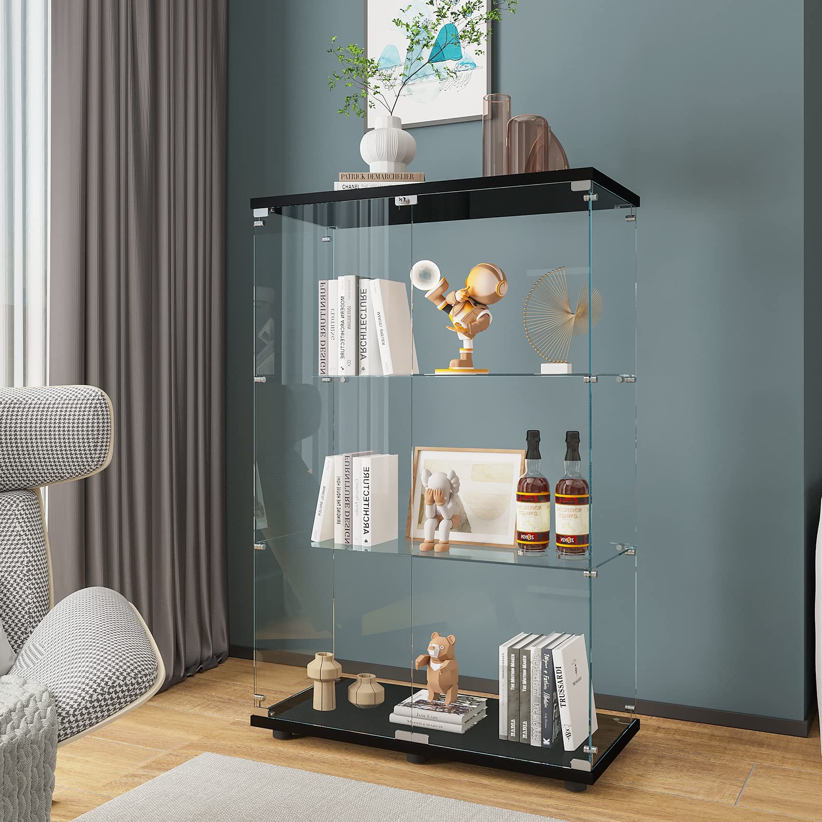 Beauty4U 2 Doors Glass Display Cabinet with 3 Shelves, Curio Cabinets for Living Room, Bedroom, Office, Black Floor Standing Gla