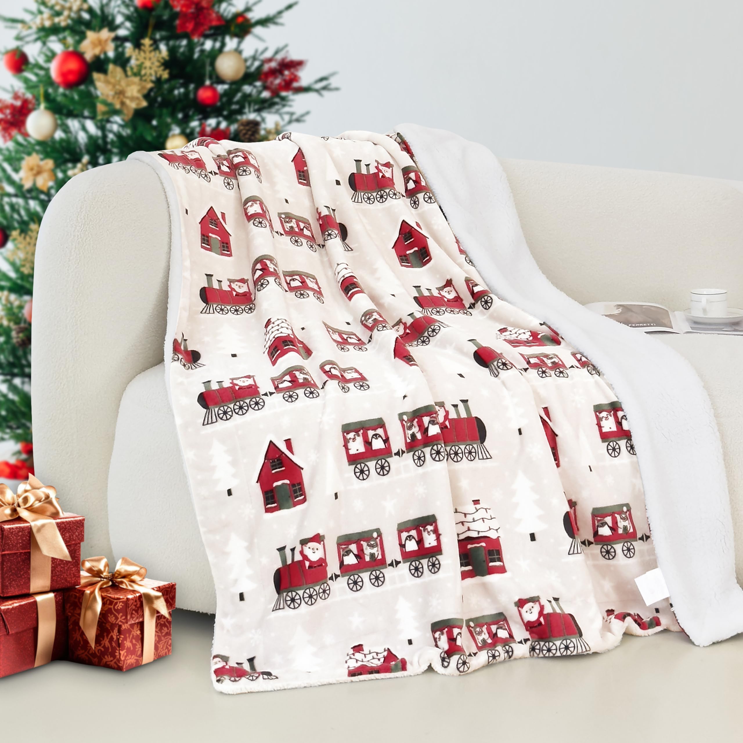 Elegant Comfort Reversible and Ultra-Plush Flannel Fleece-Winter Christmas Sherpa Throw- Lightweight Soft and Cozy-Holiday Decor