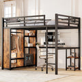 Queen Size Loft Bed with Desk and Storage Shelves, Queen Loft Bed with Wardrobe and Hanging Rod, Game Loft Beds with Guardrail, 