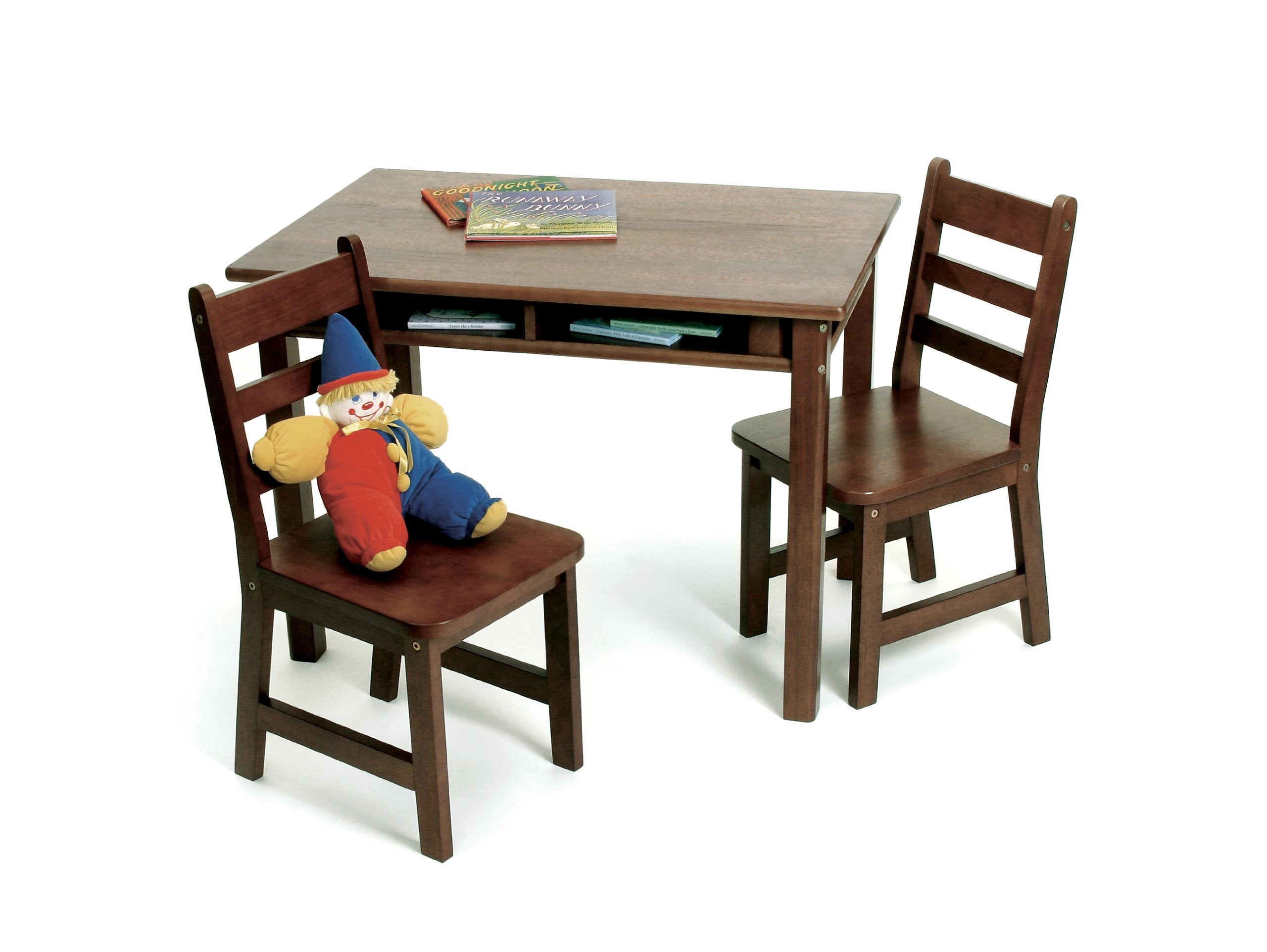 Lipper International Childs Rectangular Table with Shelves and 2 Chairs, Walnut Finish