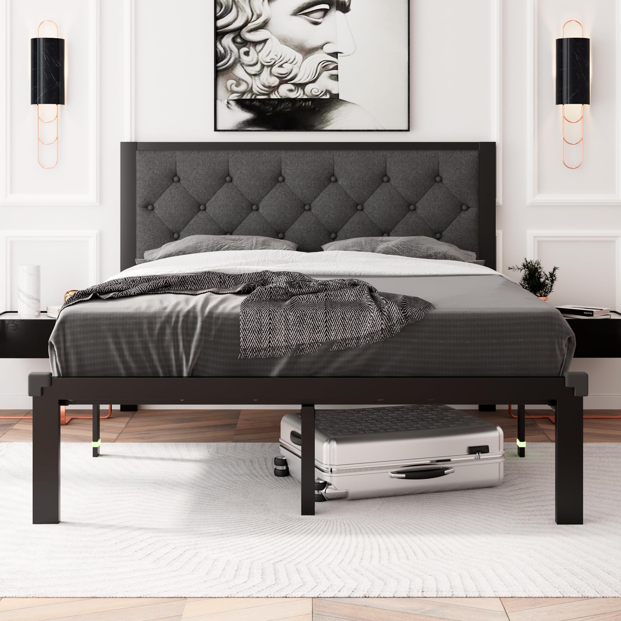 Feonase Full Size Metal Bed Frame, Heavy-Duty Platform Bed Frame with Linen Upholstered Headboard, 12 Storage Space, Steel Slats