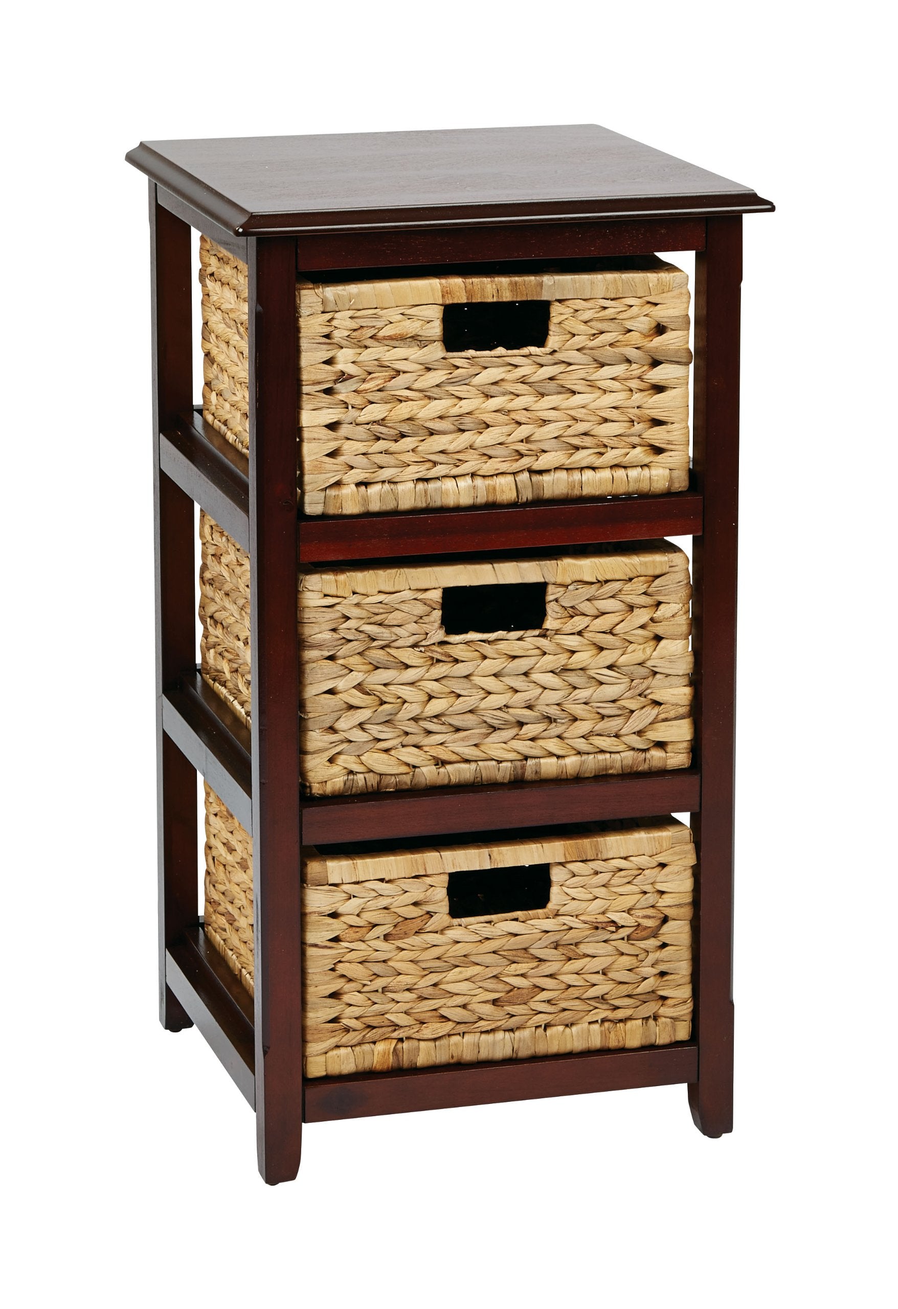 OSP Home Furnishings Seabrook Storage Tower with Solid Wood Frame and Natural Baskets, 3-Drawer, Espresso Finish