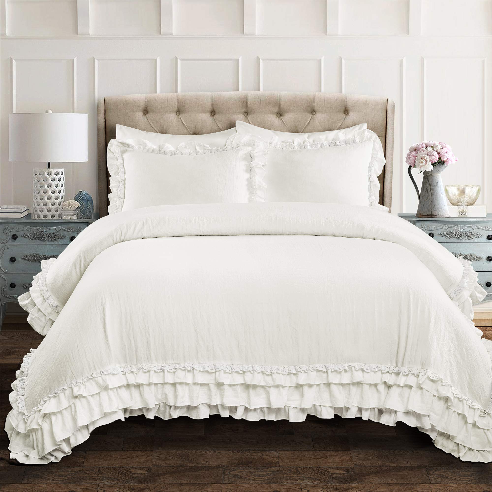 Lush Decor Ella Ruffle Lace Comforter, 3 Piece Set, King, White - Cute Comforter - King Bedding Set - White Bedding - Coquette D