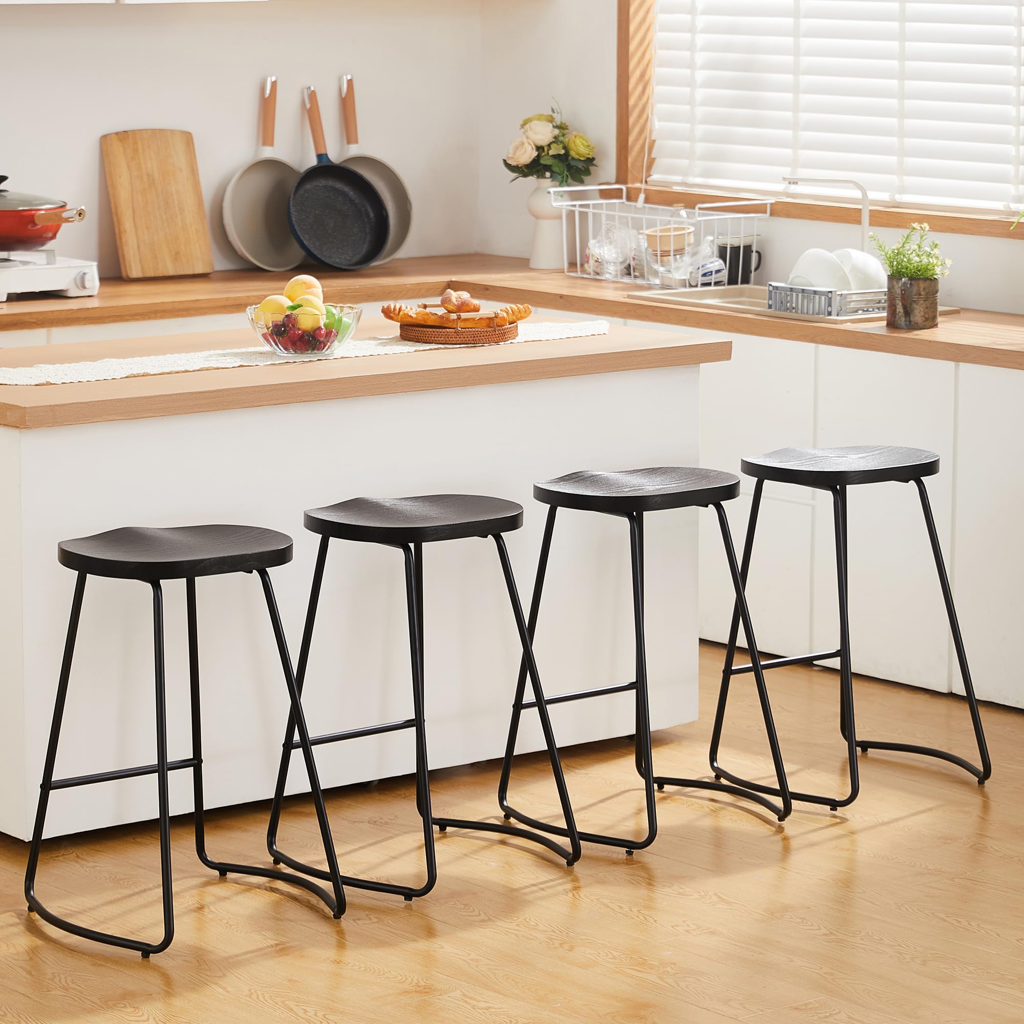 HeuGah Bar Stools Set of 4, Saddle Seat Bar Stools with Metal Legs, Rustic Backless Counter Height Stools (Black, 4 PCS 26Inch C