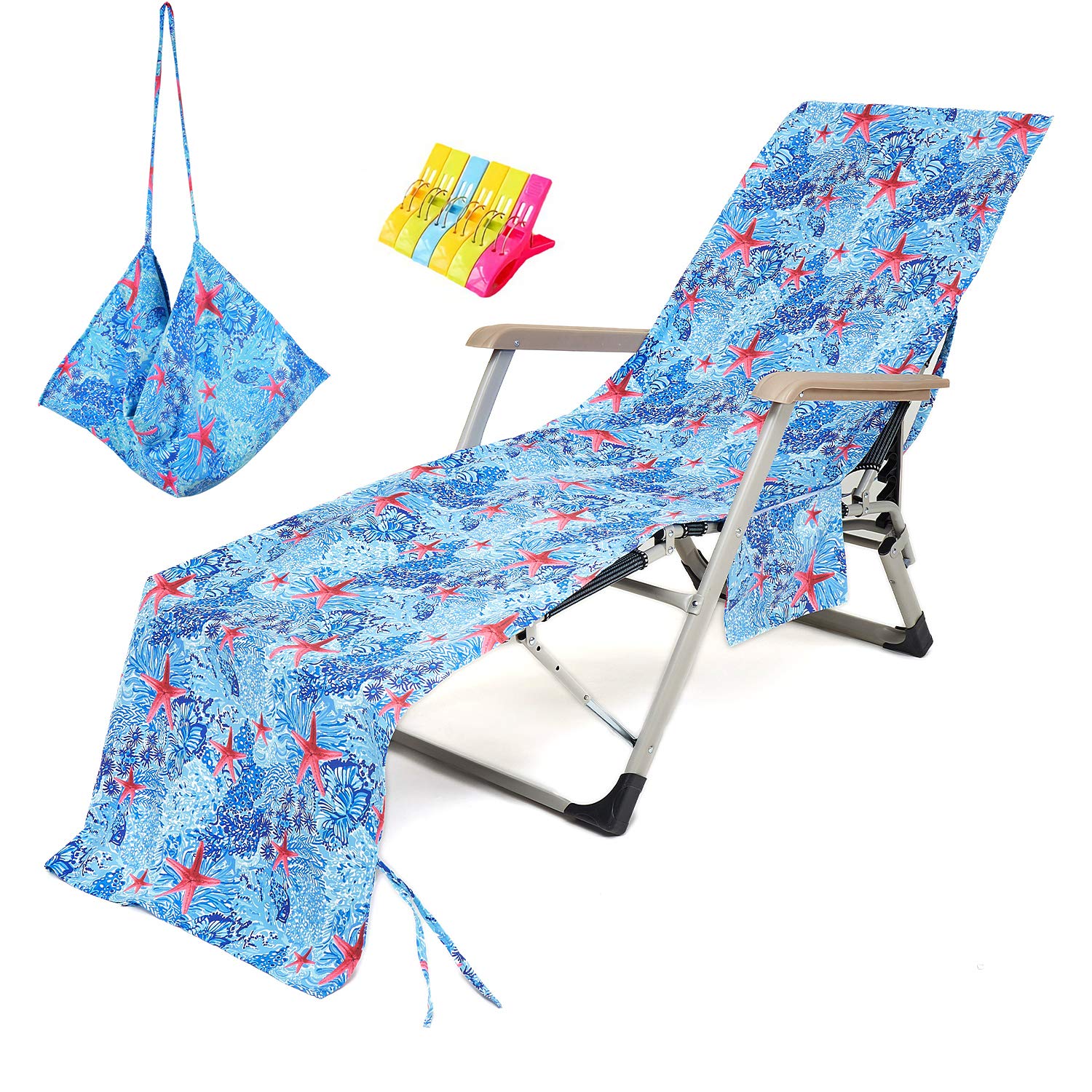 VOCOOL 85 x 30 inch Beach Chair Towel Cover Chaise Chair Cover with Pockets and Clips Pool Chair Cover Chaise Lounge Towel Cover