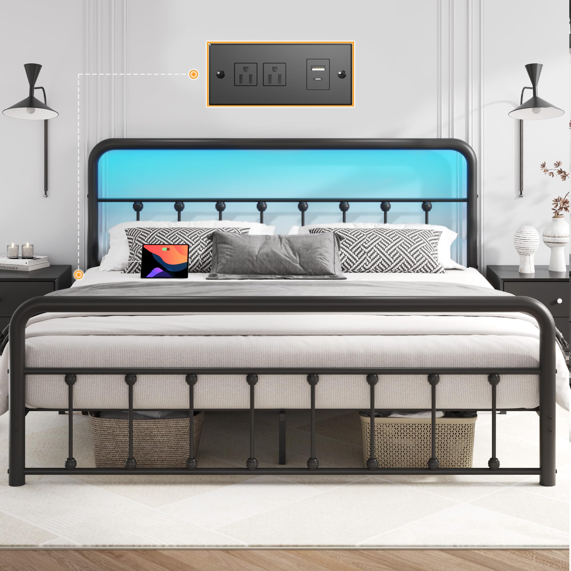 Fluest Queen Bed Frame Classic Metal Platform Bed Frame with Charging Station & LED, Victorian Style Iron-Art Headboard/Footboar