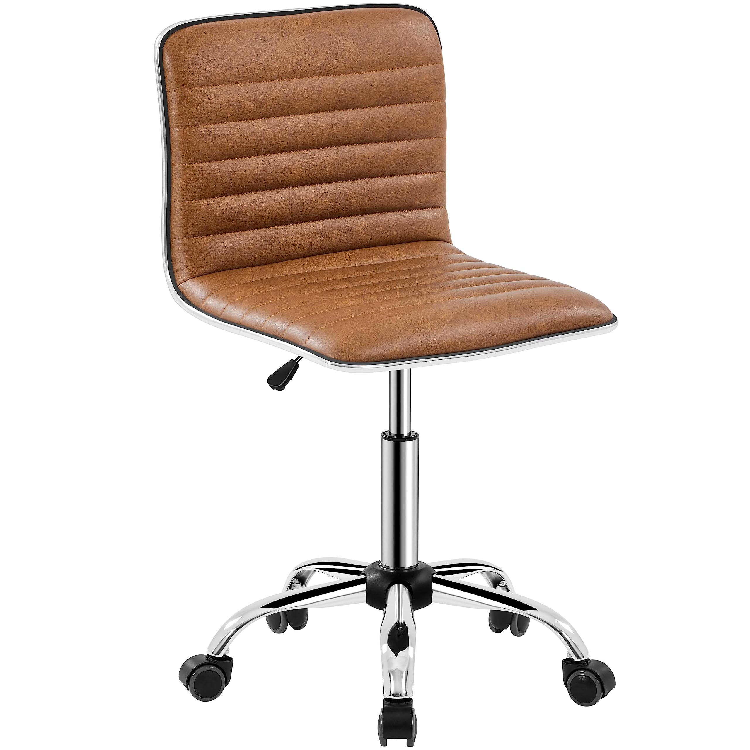 Yaheetech Low Back PU Leather Ribbed Armless Office Chair, Ergonomic Swivel Computer Task Chair with Wheels for Office, Home