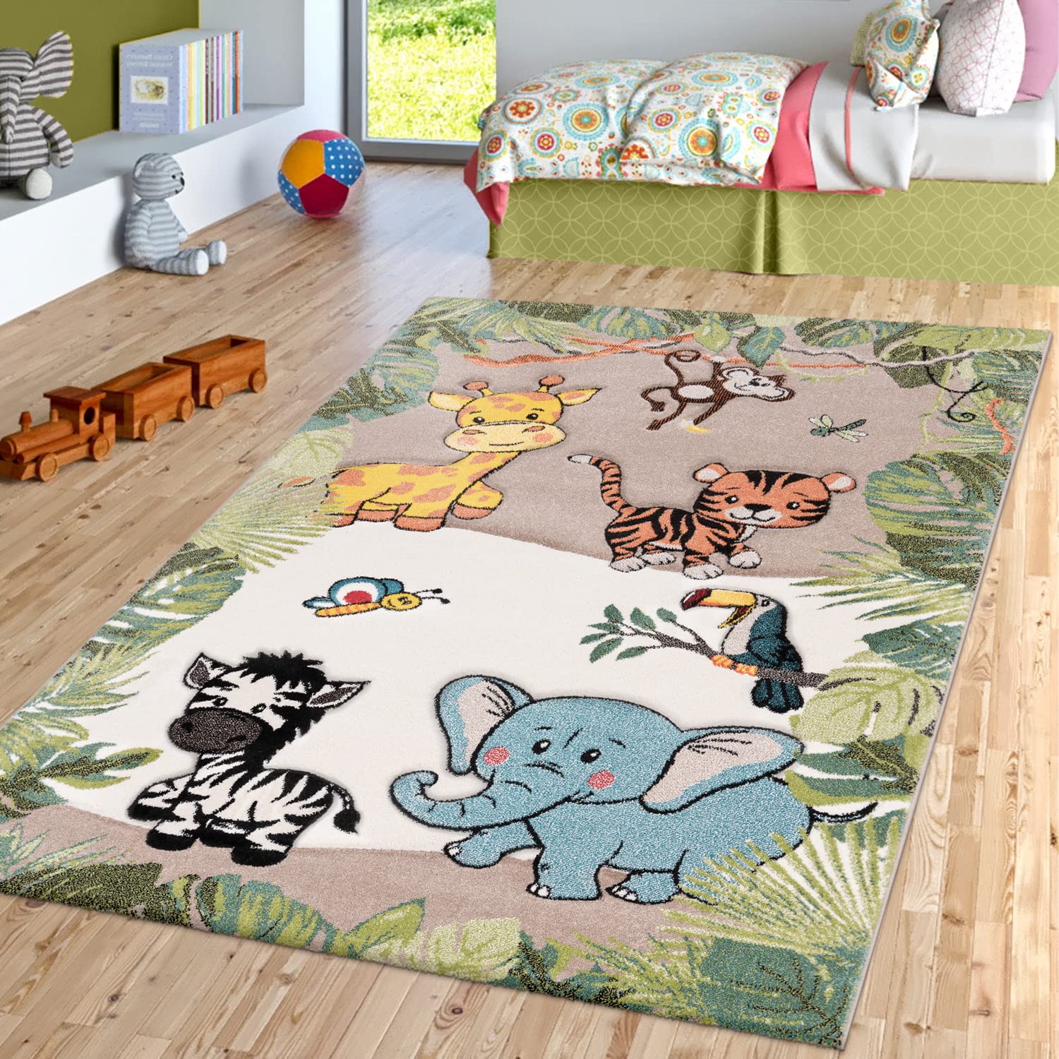 Paco Home Kids Rug Colorful Animals Giraffe Lion Monkey in Beige, Size: 311 Round