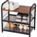 BWOORACKU Shoe Rack, 3-Tier Shoe Organizer with Guardrails, Heavy-Duty Metal Mesh Shelves & Rustic Wooden Top for Stylish Closet