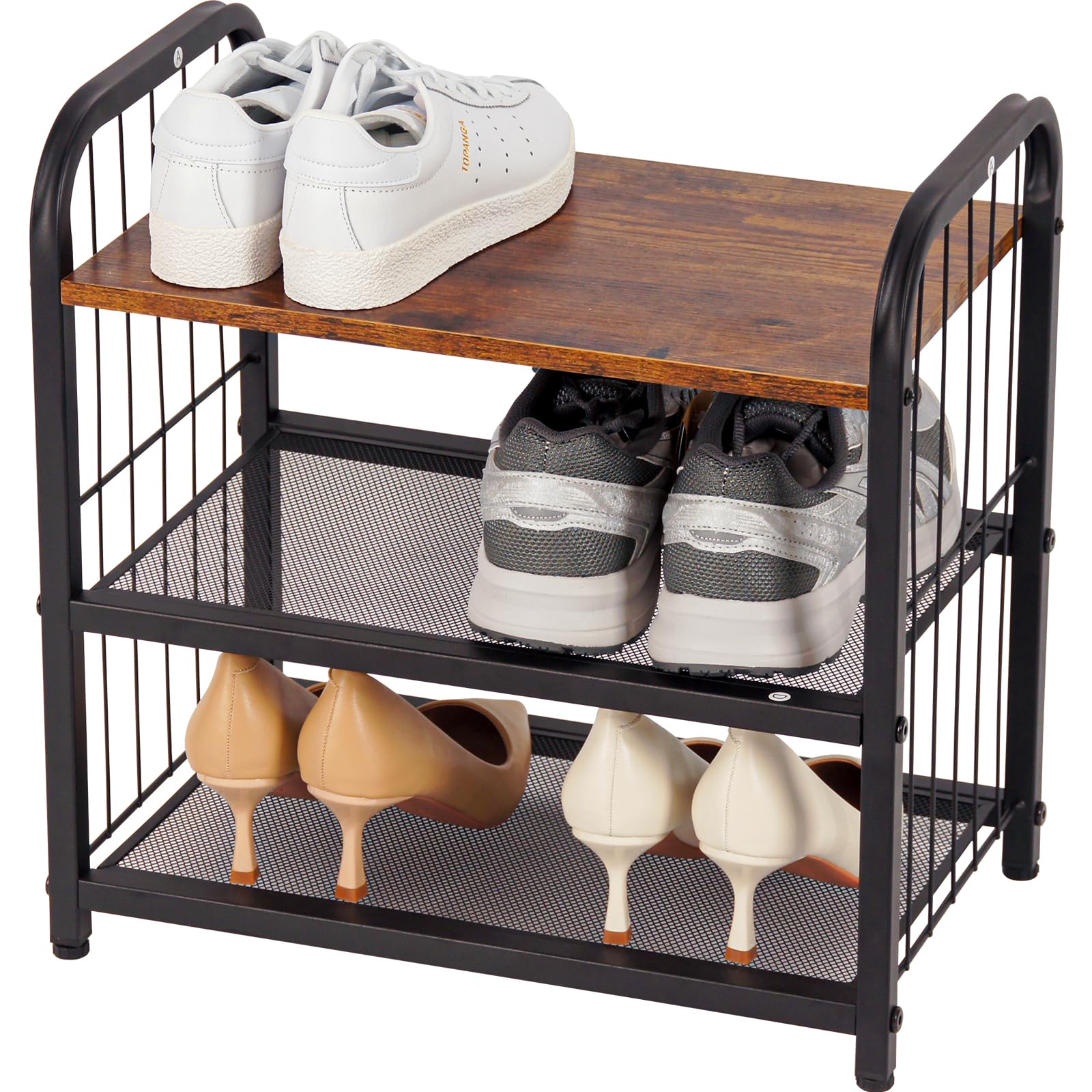 BWOORACKU Shoe Rack, 3-Tier Shoe Organizer with Guardrails, Heavy-Duty Metal Mesh Shelves & Rustic Wooden Top for Stylish Closet