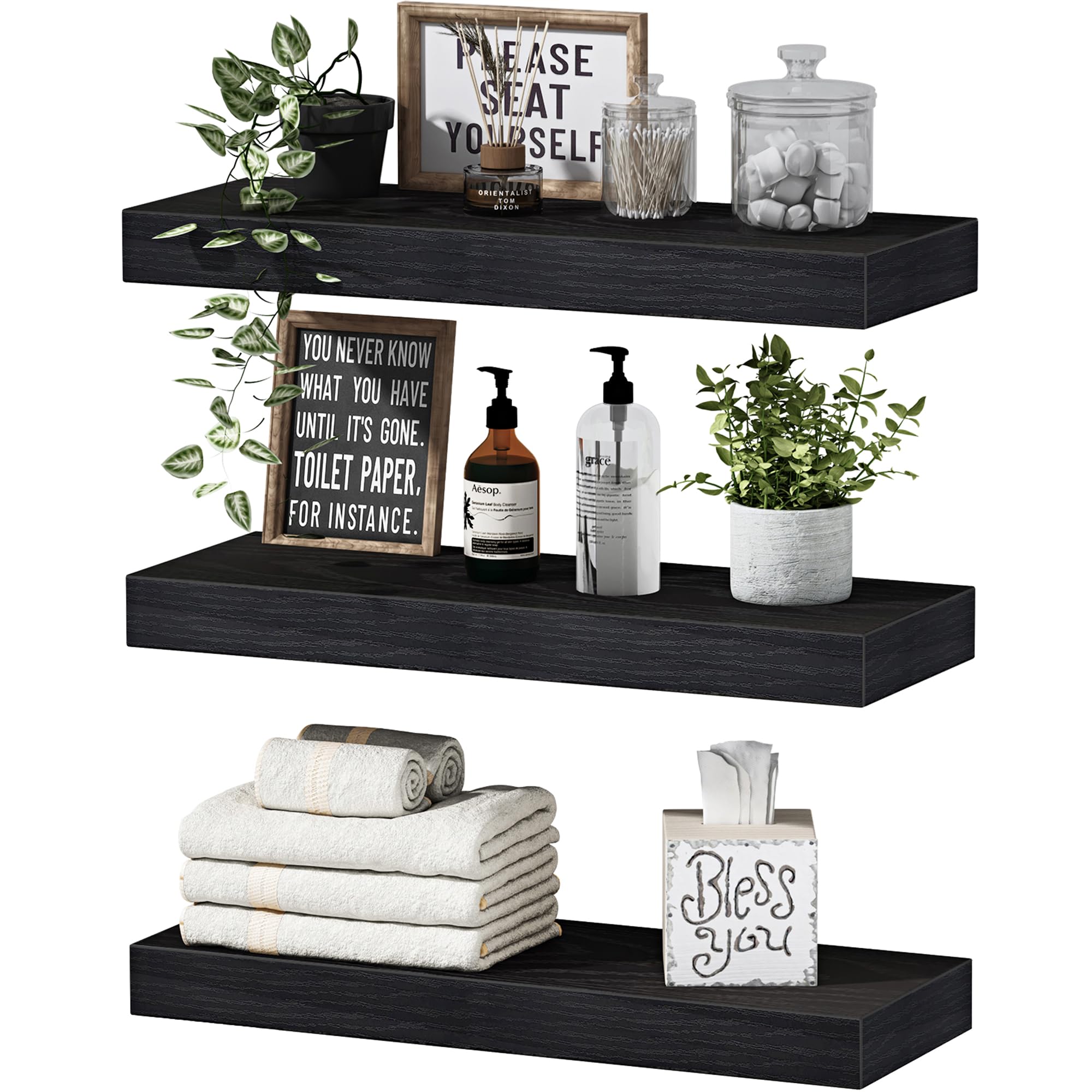 QEEIG Floating Shelves for Wall Bathroom Shelf Bedroom Kitchen Living Room Hanging Book Shelves Small Farmhouse Decor 16 inch Se