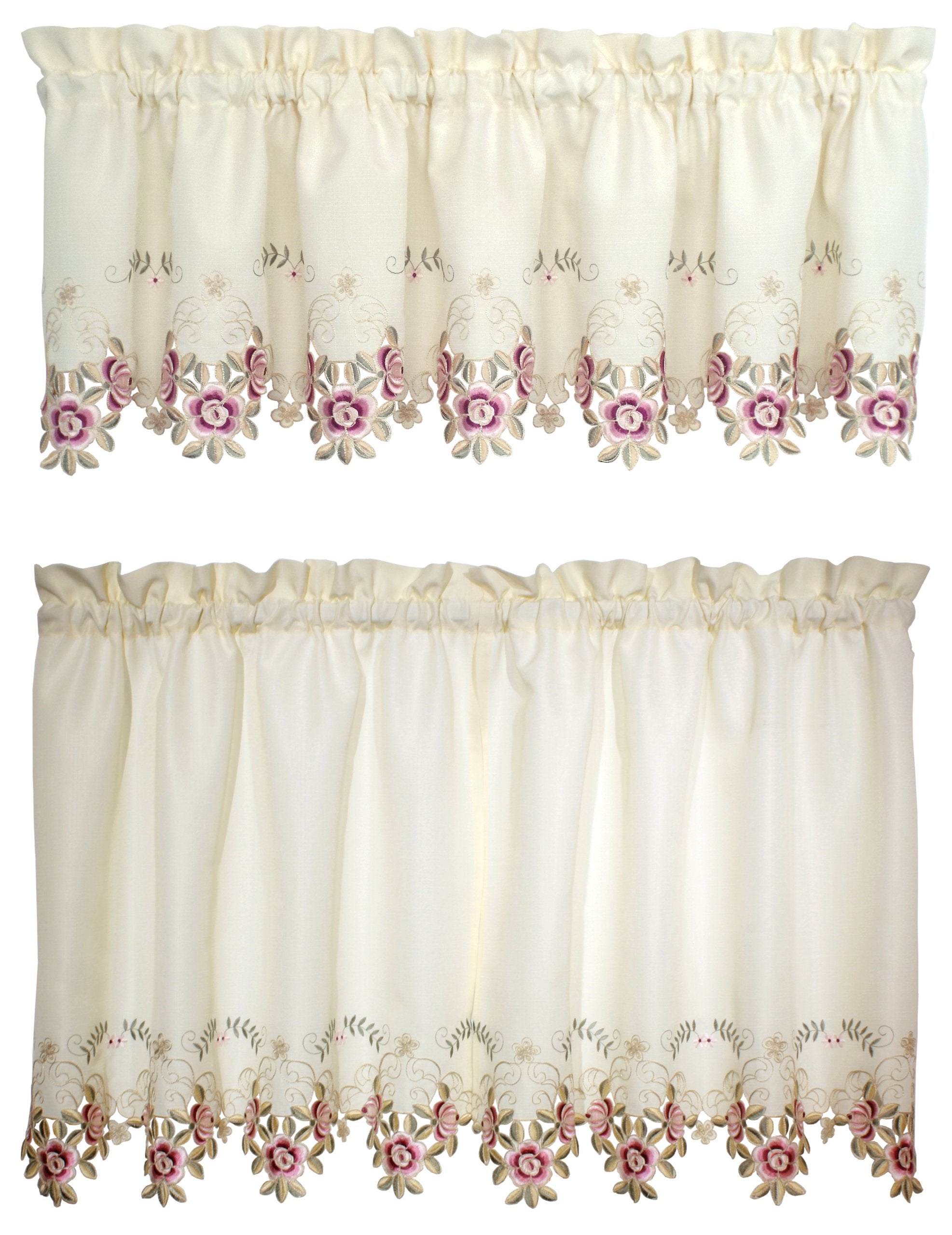 Todays Curtain Verona Reverse Embroidery Tier, 30, Ecru/Rose