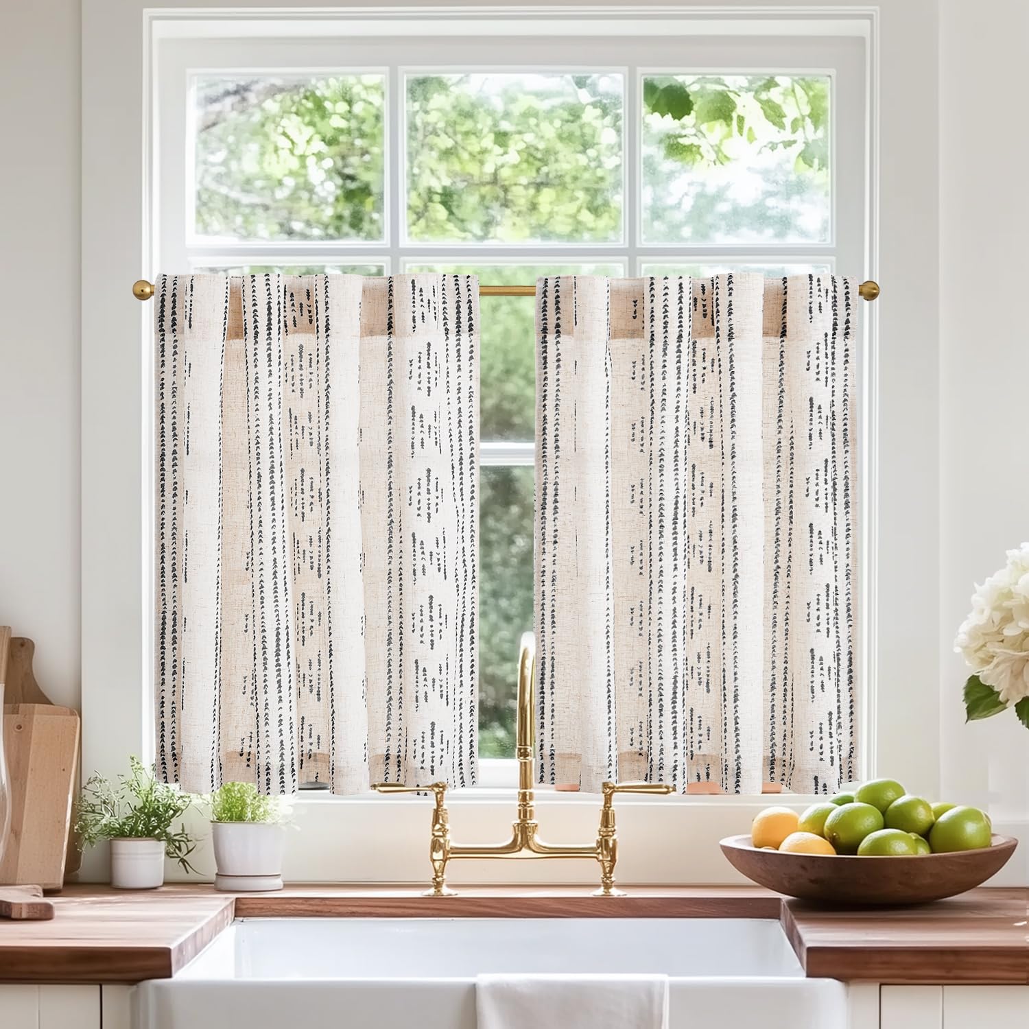 jinchan Boho Kitchen Curtains Linen Cafe Tier Curtains 54 Inch Bohemian Geometric Striped Mudcloth Small Window Drapes for Livin
