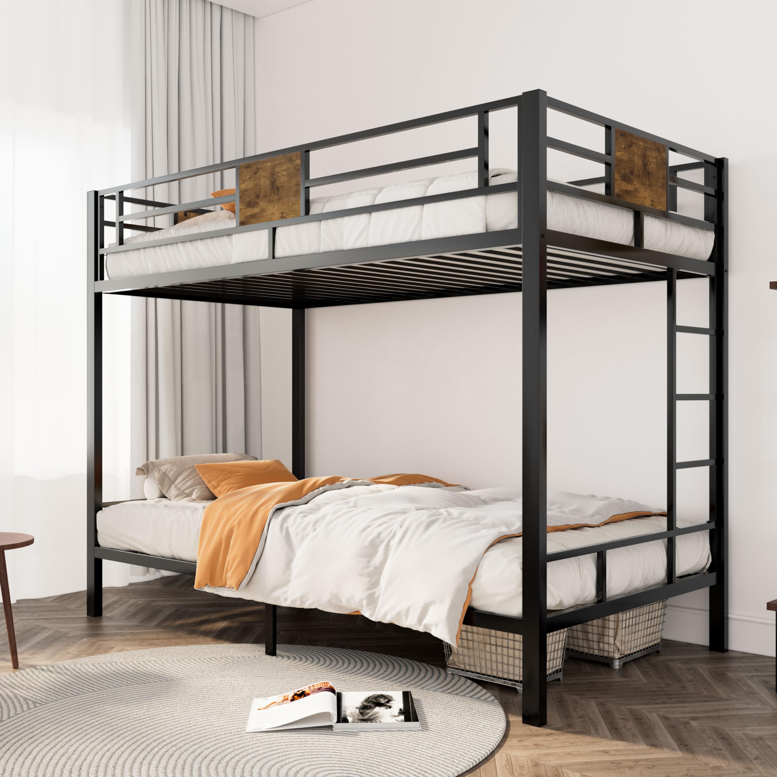 SHA CERLIN Bunk Bed Twin Over Twin Size with Ladder and Full-Length Guardrail, Metal, Storage Space, No Box Spring Needed, Noise