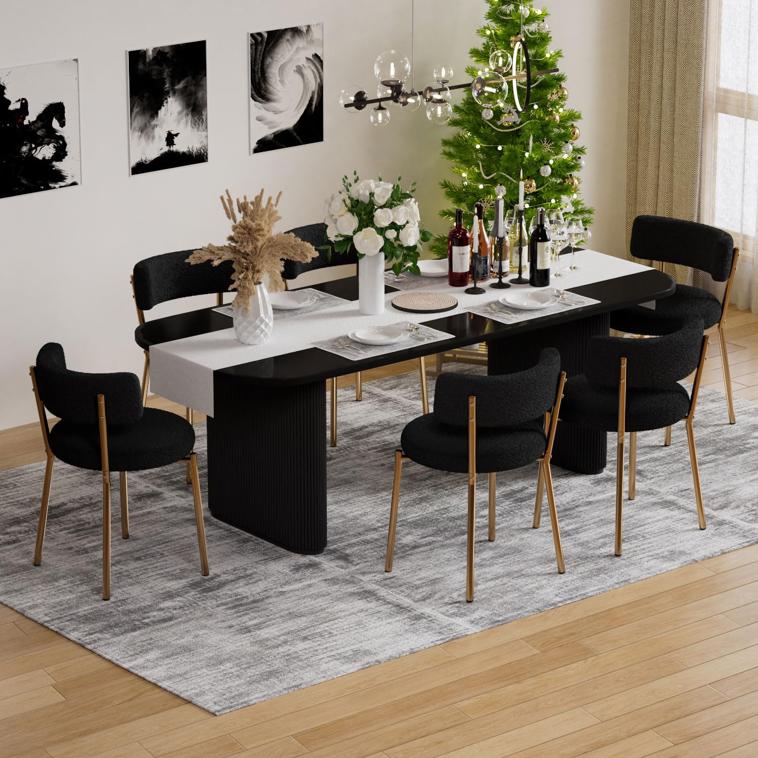 HAIZAO Modern Dining Chairs Set of 6, Round Upholstered Boucle Sherpa Dining Chairs, Curved Backrest Kitchen Dining Room Chairs,