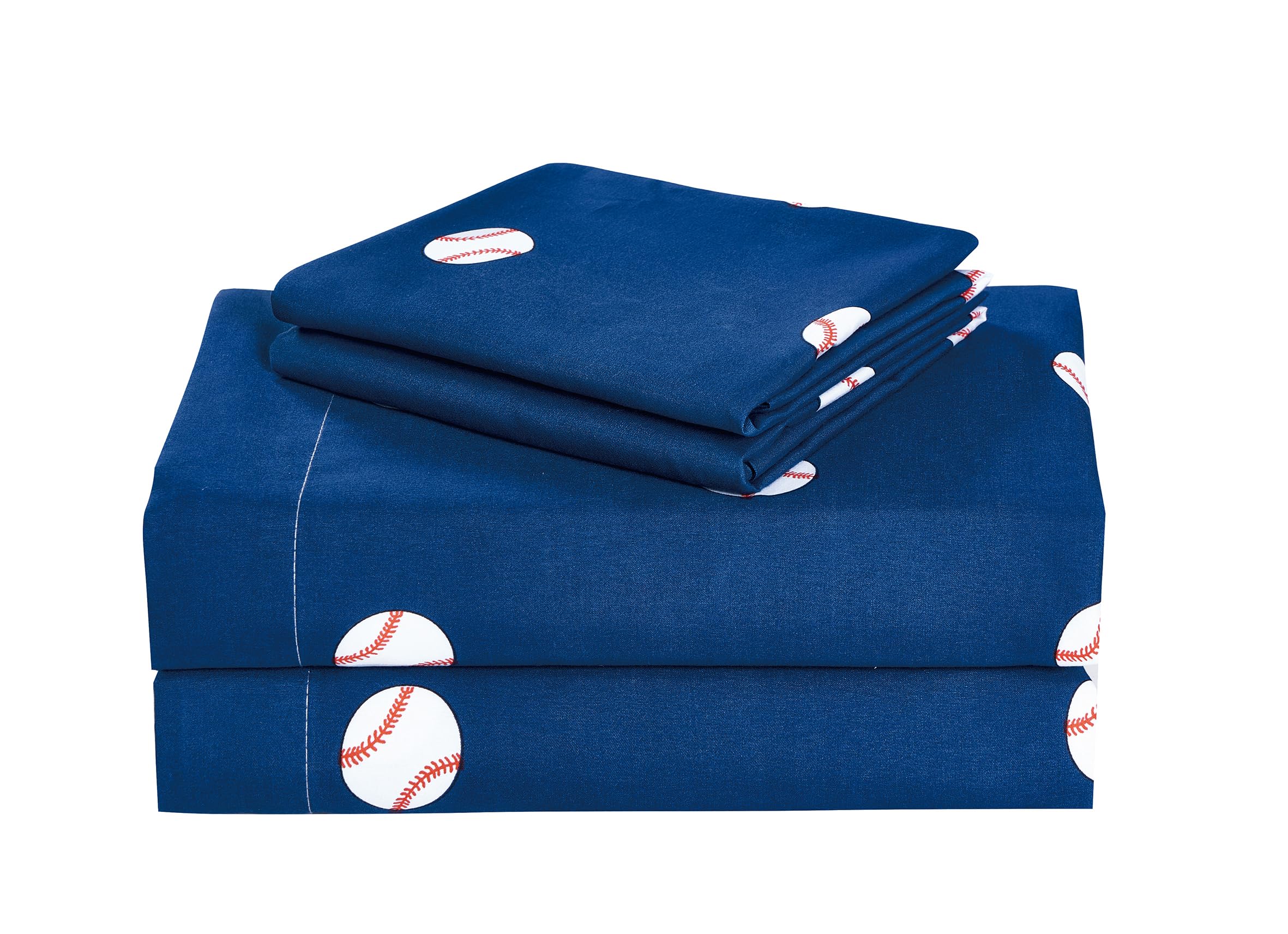 Chezmoi Collection 4-Piece Kids/Teens Sports Sheet Set - Soft Microfiber Navy White Red Baseball, Queen Size