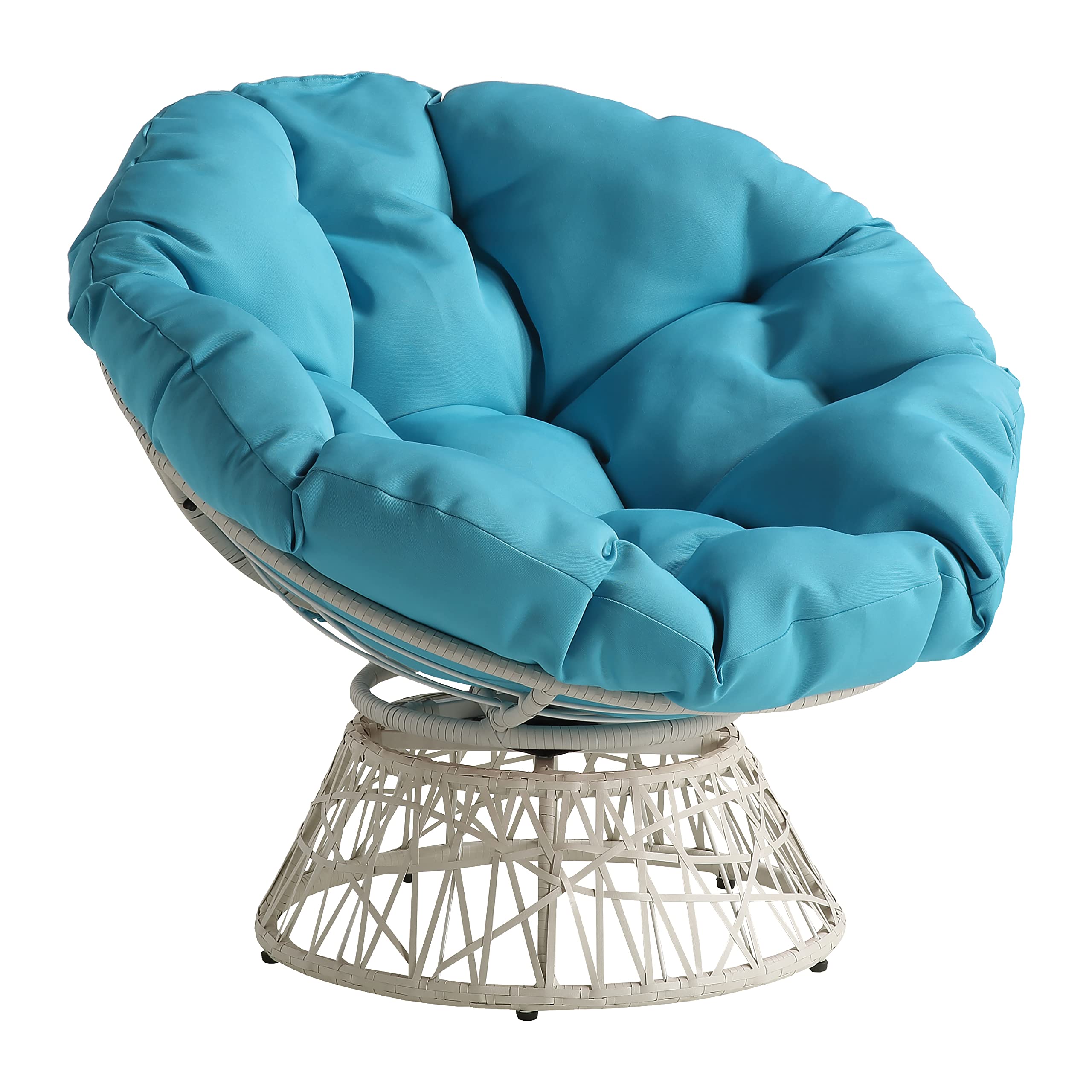 OSP Home Furnishings Wicker Papasan Chair with 360-Degree Swivel, Cream Frame with Blue Cushion