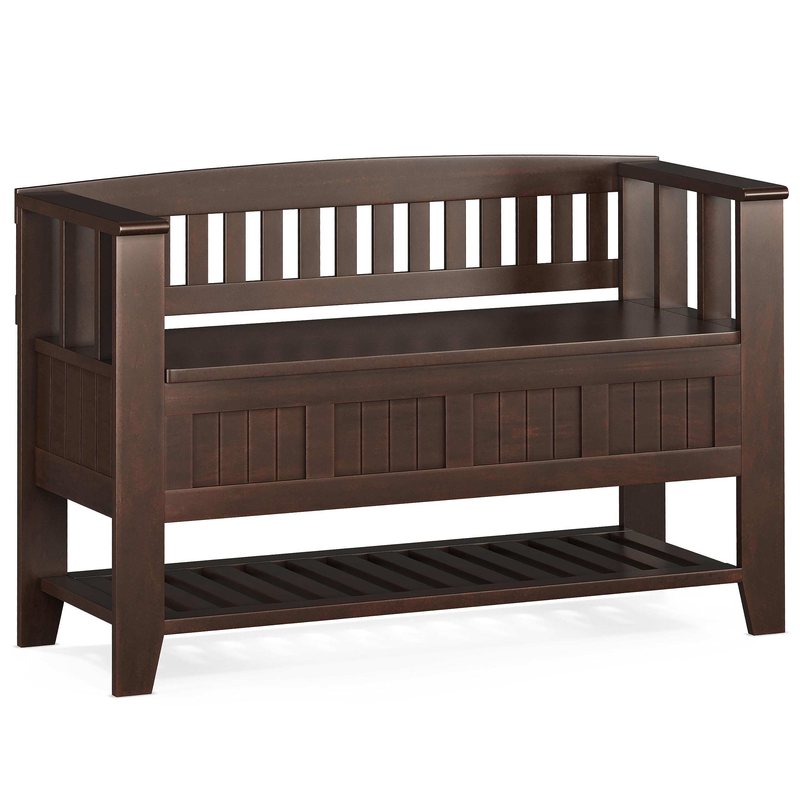 SIMPLIHOME Acadian Solid Wood 48 Inch Wide Transitional Entryway Storage Bench with Shelf in Brunette Brown, for The Living Room