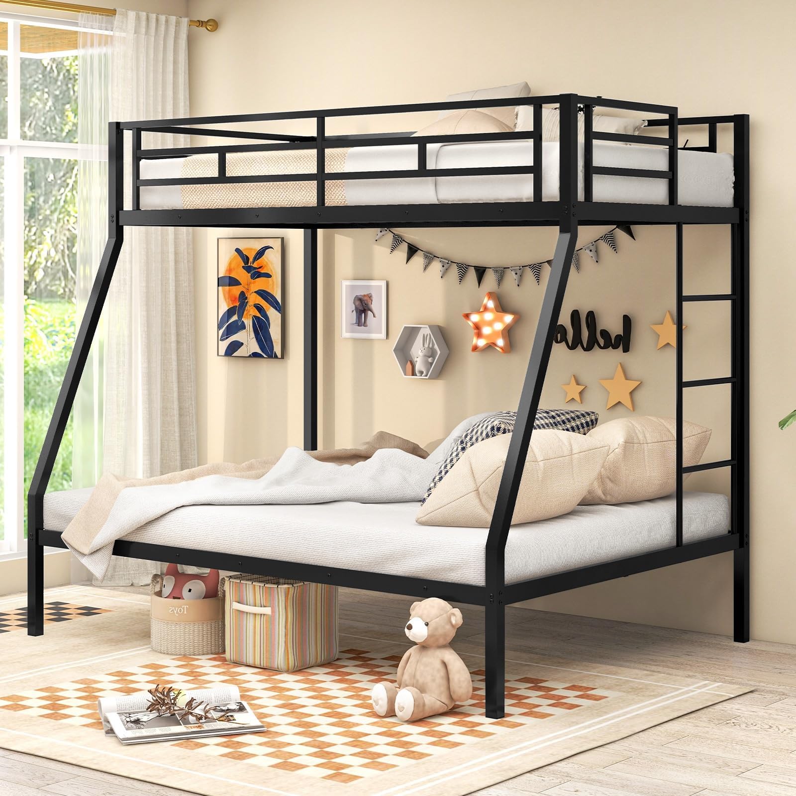 Giantex Bunk Bed Twin Over Full Size, Metal Bunk Bed with Ladder and Steel Frame Support, Space-Saving Triple Bunk Bed for Boys 