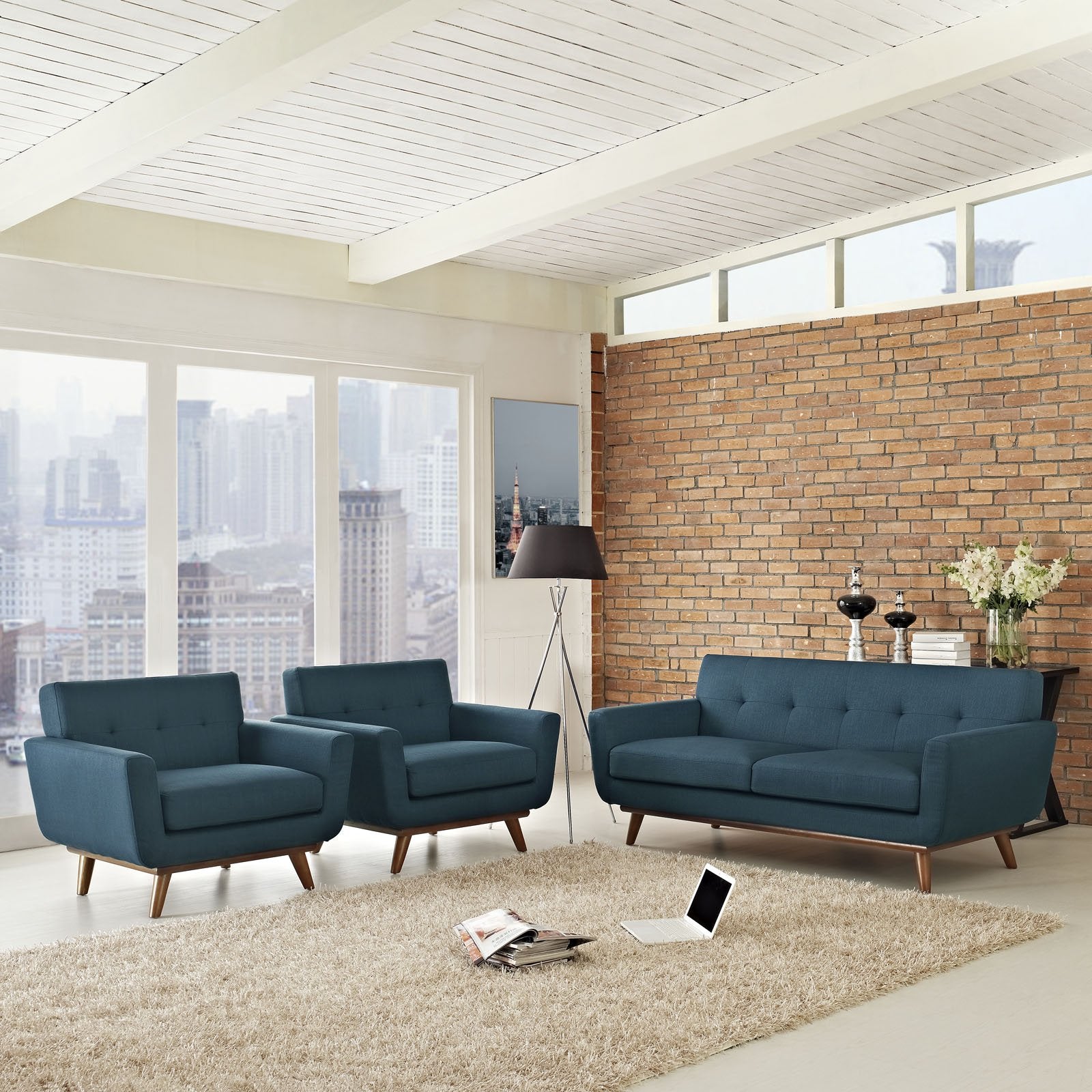 Modway Engage Mid-Century Modern Upholstered Fabric Two Armchair and Loveseat Set in Azure