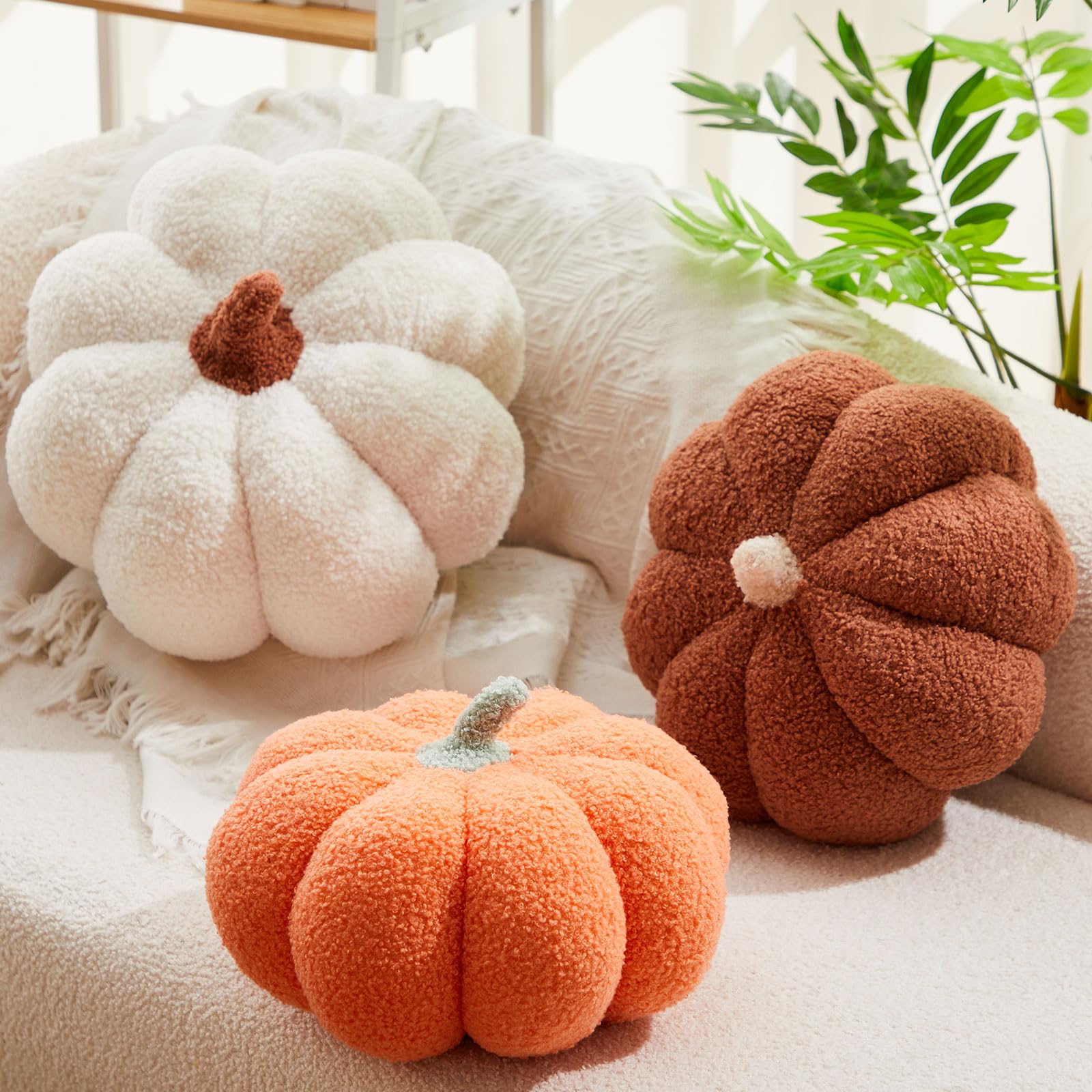 Juexica 3 Pieces Stuffed Pumpkin Pillow Fluffy Plush 3D Pumpkin Shaped Decoration Fall Thanksgiving Halloween Pillow Cushion Cut