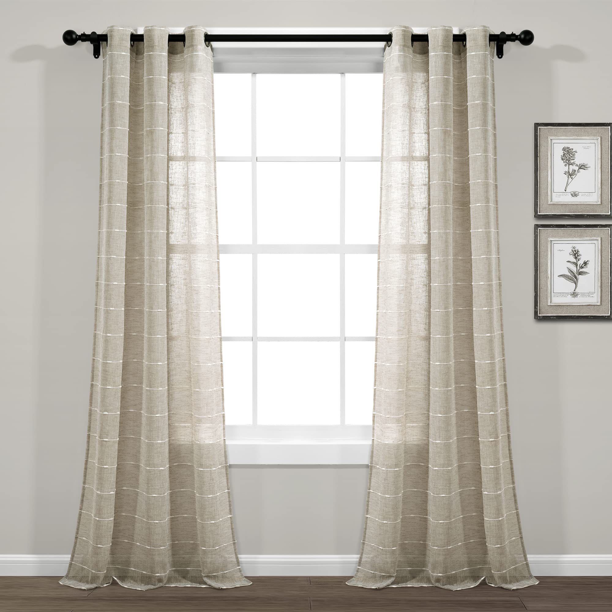 Lush Decor Farmhouse Textured Grommet Sheer Window Curtain Panel Pair, 38W x 84L, Neutral