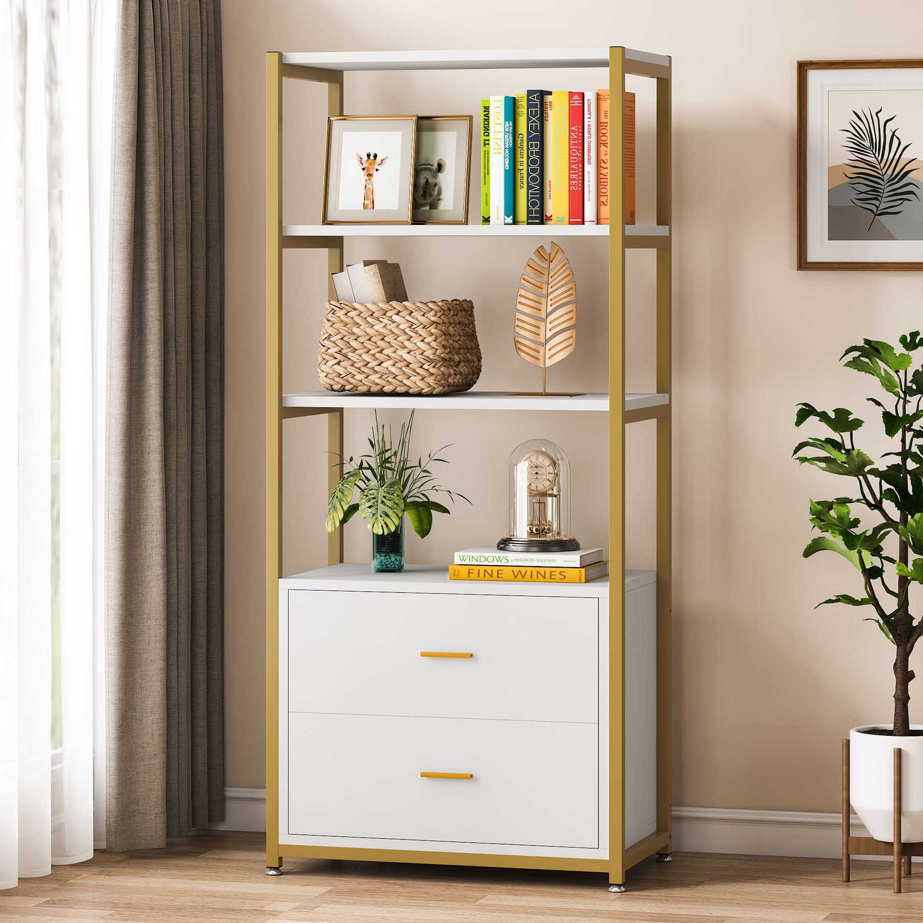 Tribesigns Bookcase, 4-Tier Bookshelf with 2 Drawers, Etagere Standard Book Shelves Display Shelf for Home Office (Gold/White)
