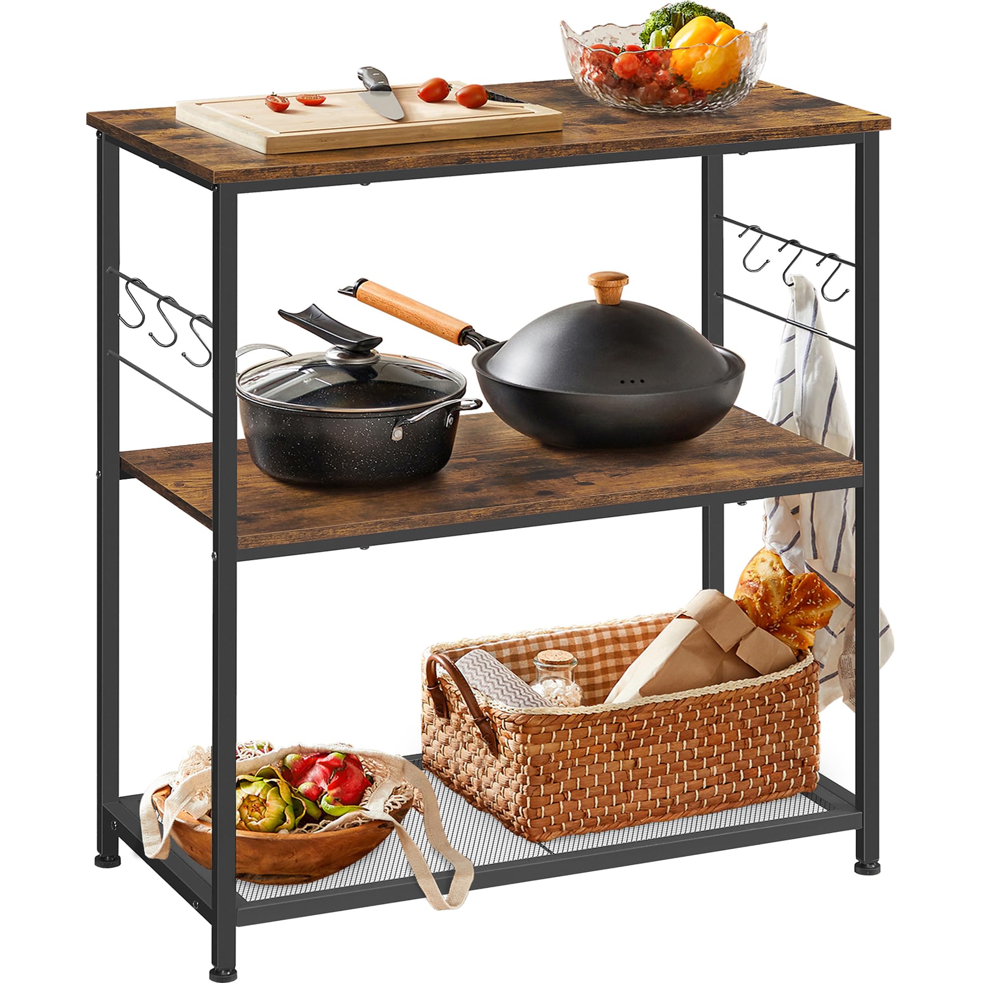 VASAGLE Baker s Rack, Kitchen Shelf, Kitchen Island, Microwave Oven Stand with 3 Open Shelves, 6 Hooks, Metal Frame, 15.7 x 31.5