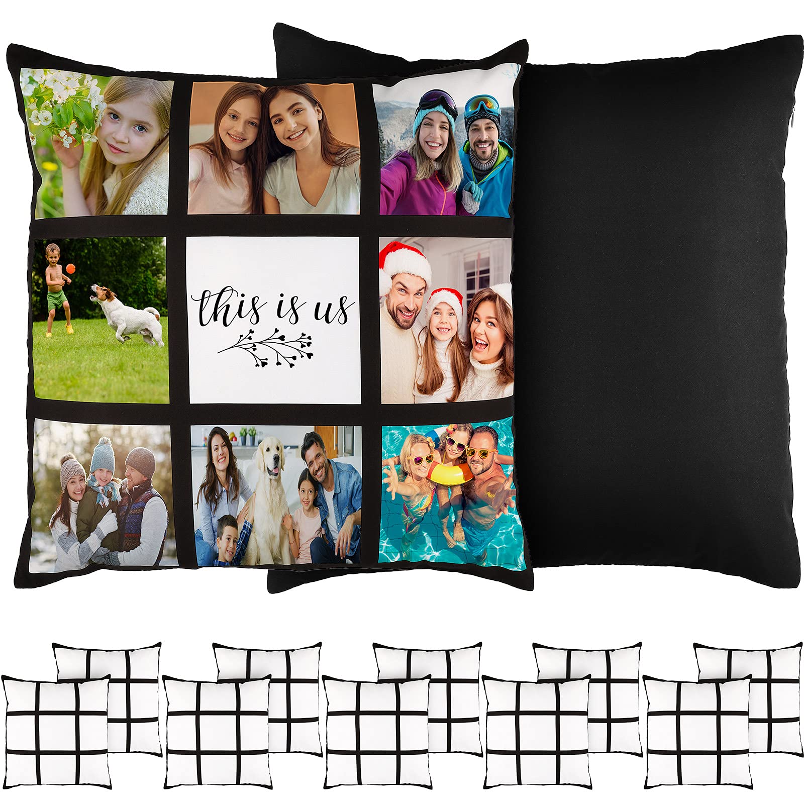 Sieral 10 Pieces Sublimation Blank Pillow Case 9 Grid 16 x 16 DIY Cushion Cover 9 Photos Can Be Customized Polyester Throw Pillo