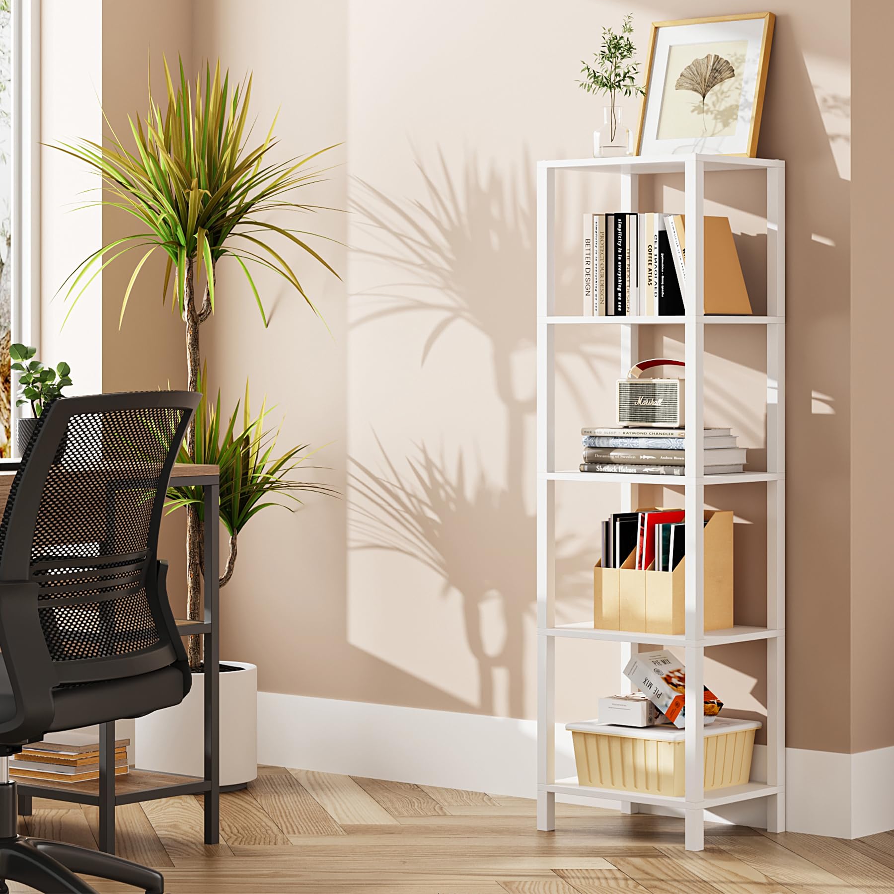 TUTOTAK Bookshelf, 5-Tier Tall Book Shelf, Narrow Bookcase for Small Space, DIY Stackable Bookshelf, for Living Room, Office, St