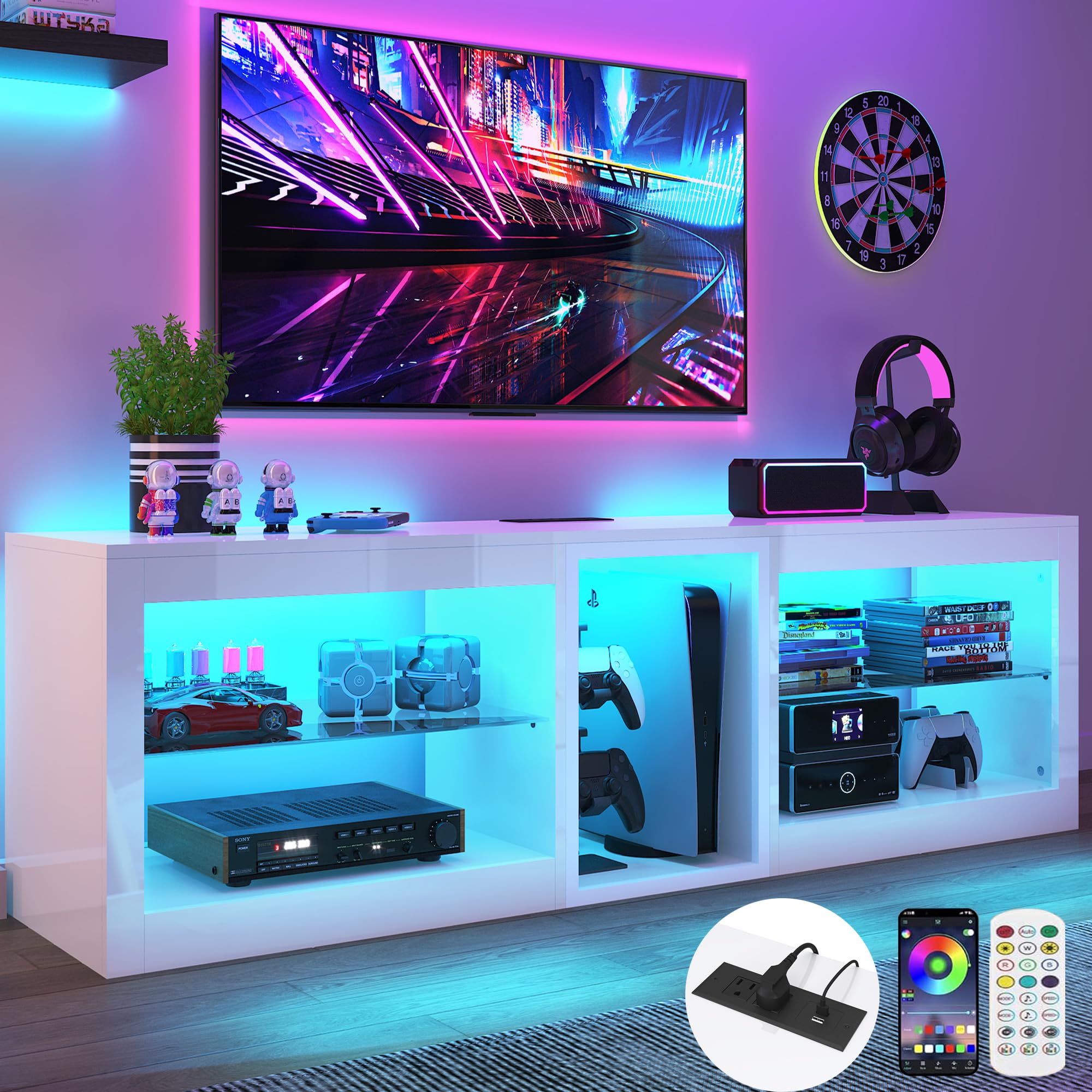 Vinctik 6&Fox High Gloss LED TV Stands w/Power Outlet,60,000-Colors Lighting for 55 60 65 70in TV,Modern White LED Entertainment