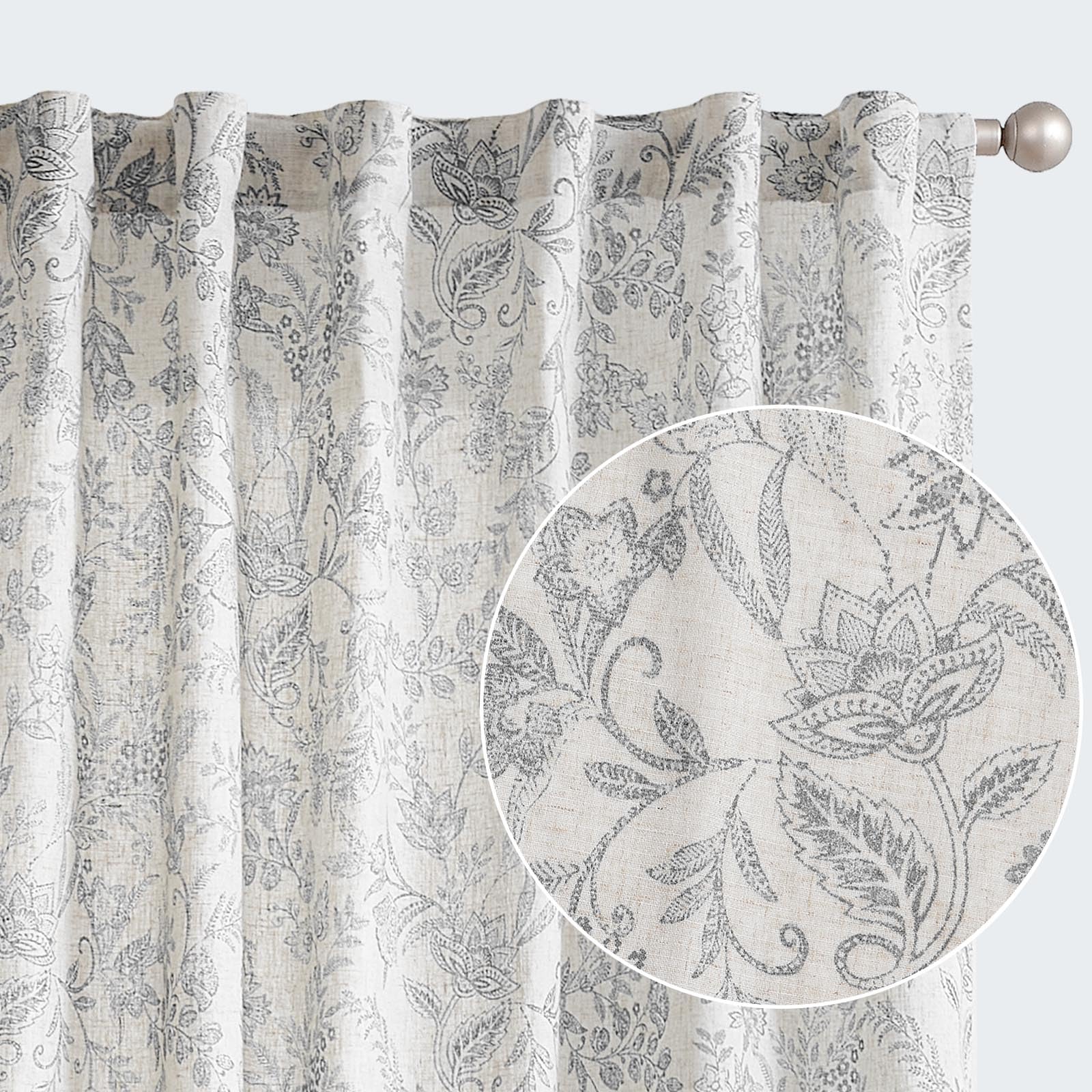 Lazzzy Linen Curtains Farmhouse Grey Floral Print Curtains 84 Inches Long Back Tab Drapes for Living Room Bedroom Semi Sheer Cou