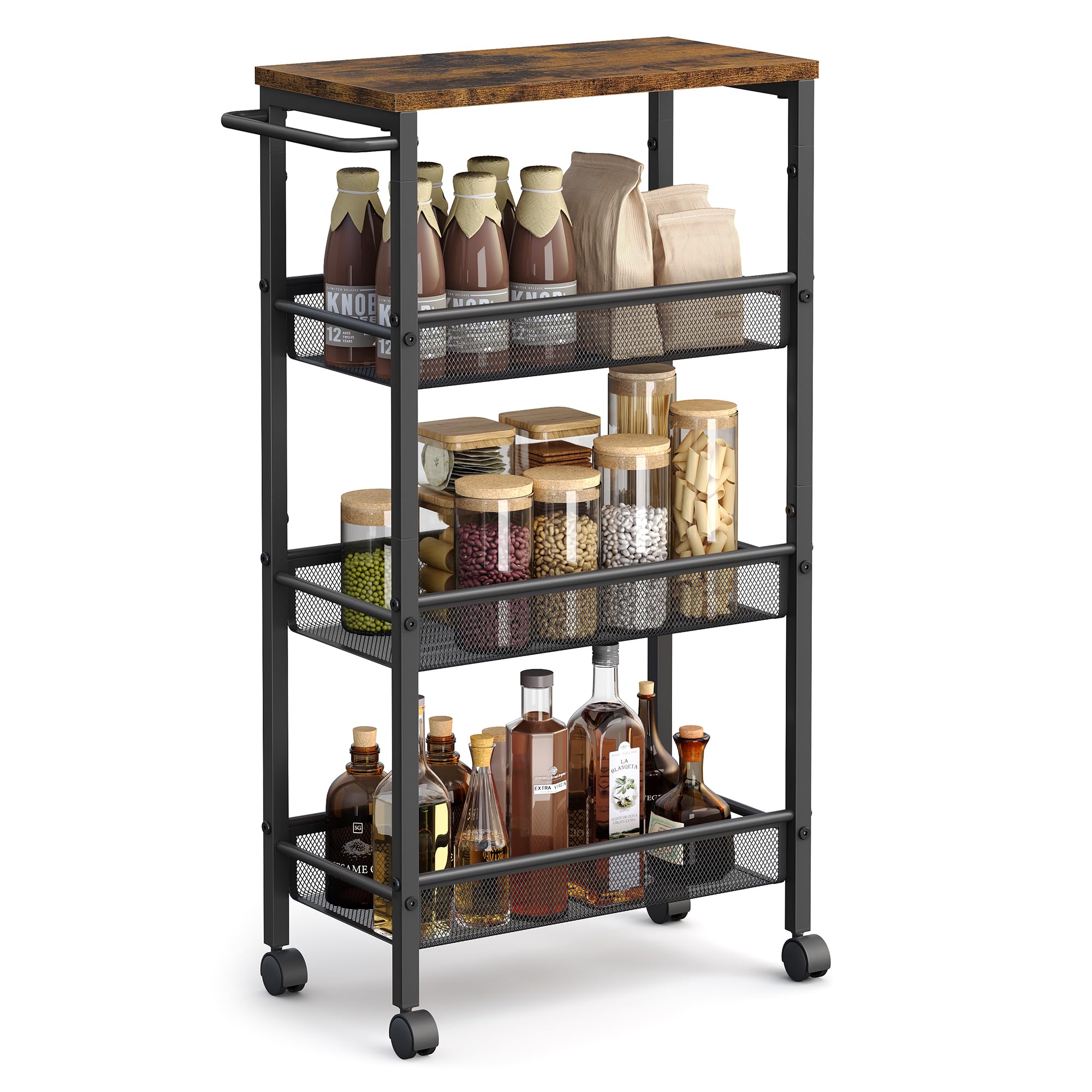 VASAGLE Slim Rolling Cart, 4-Tier Storage Cart, Narrow Cart with Handle, 8.7 Inches Deep, Metal Frame, for Kitchen, Dining Room,