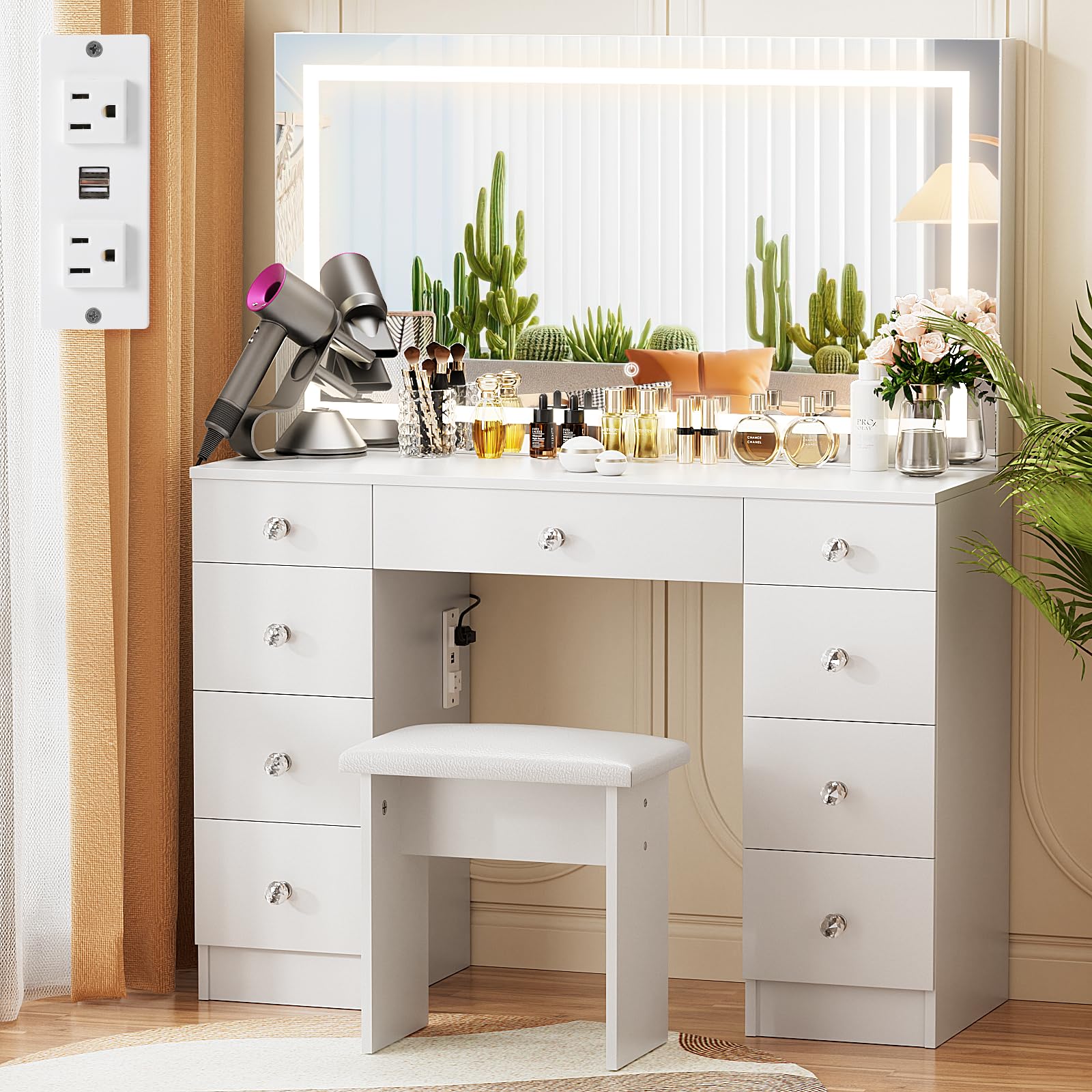 VOWNER Vanity with Lighted Mirror - Makeup Vanity Desk with Power Outlet and 9 Drawers, 3 Color Lighting Modes Adjustable Bright