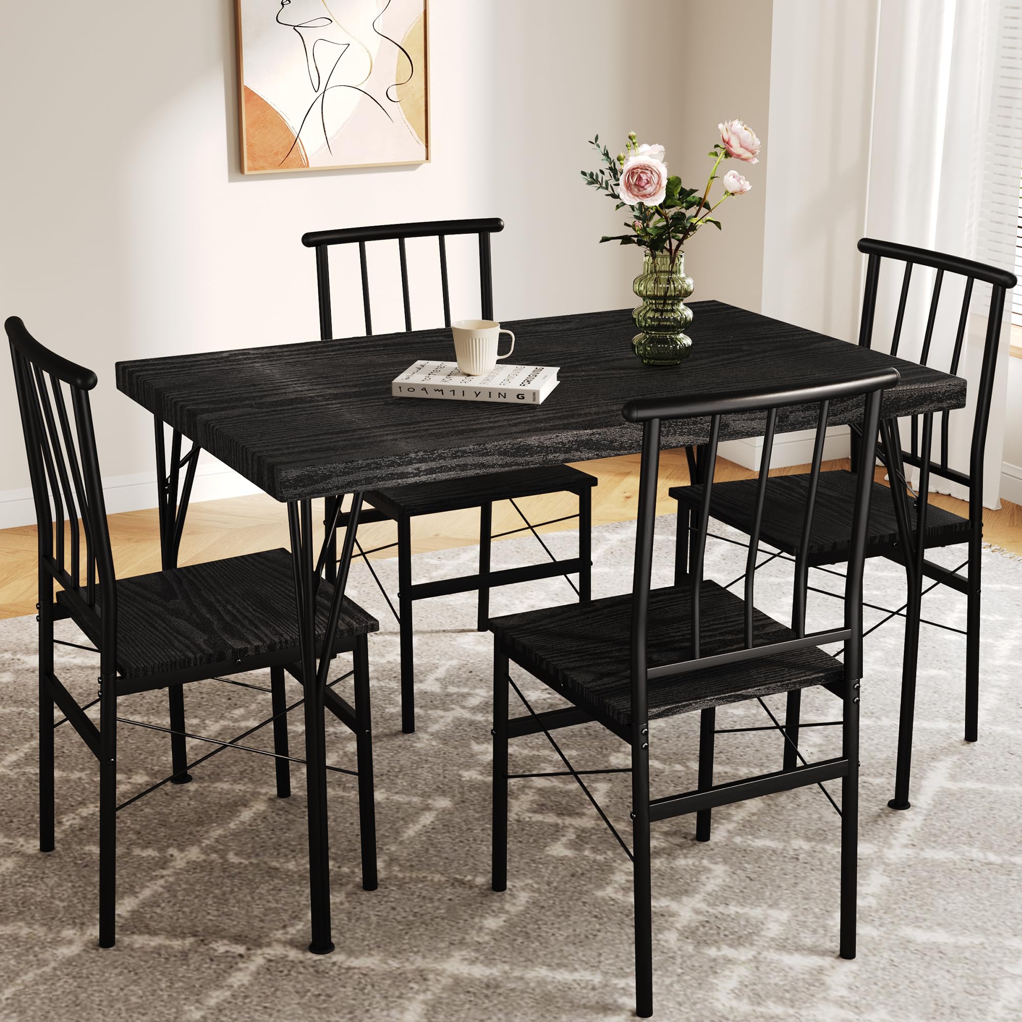 AMICLIBER Dining Table Set for 4 with 1.6 Thick Tabletop, 5-Piece Kitchen Table Set, Space-Saving Rectangular Dining Room Kitche