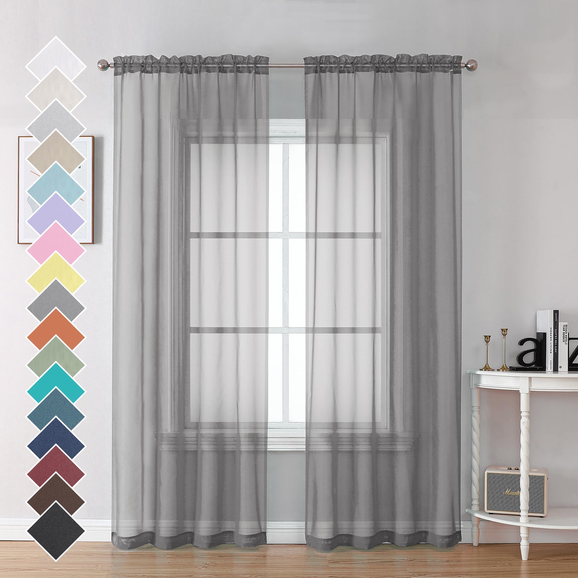 OVZME Basic Rod Pocket Sheer Voile Window Curtain Panels 84 Inches Length for Kitchen Children Bedroom (Charcoal Grey, 2 Panels=